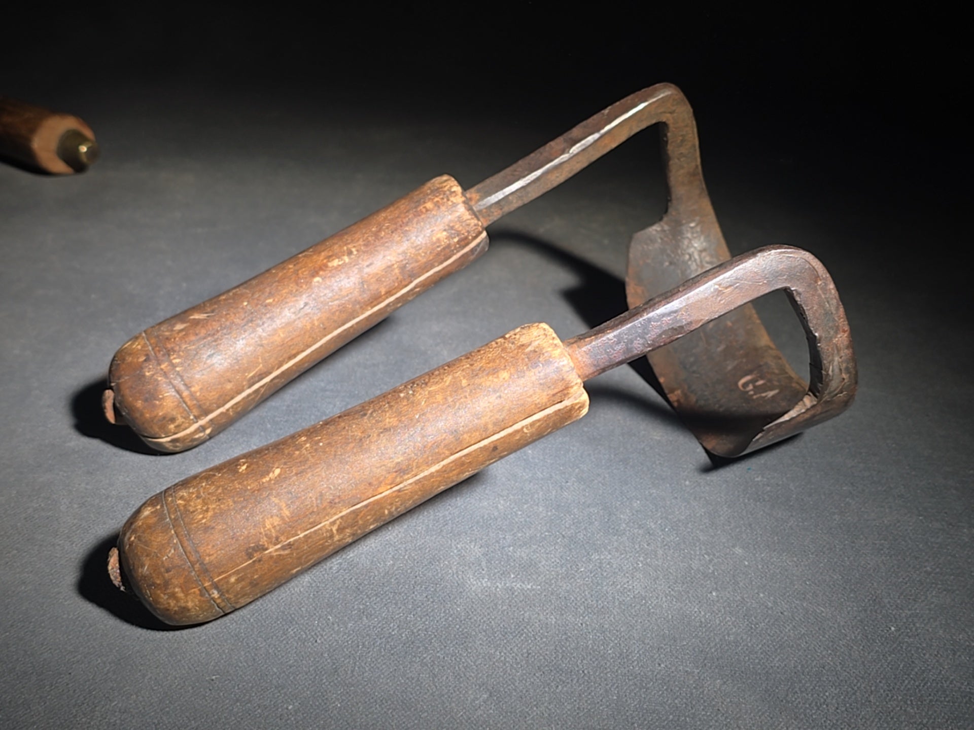 Pair of Antique Wood-Handled Drawknives including Straight Blade and Curved Inshave, One Stamped "G.A"