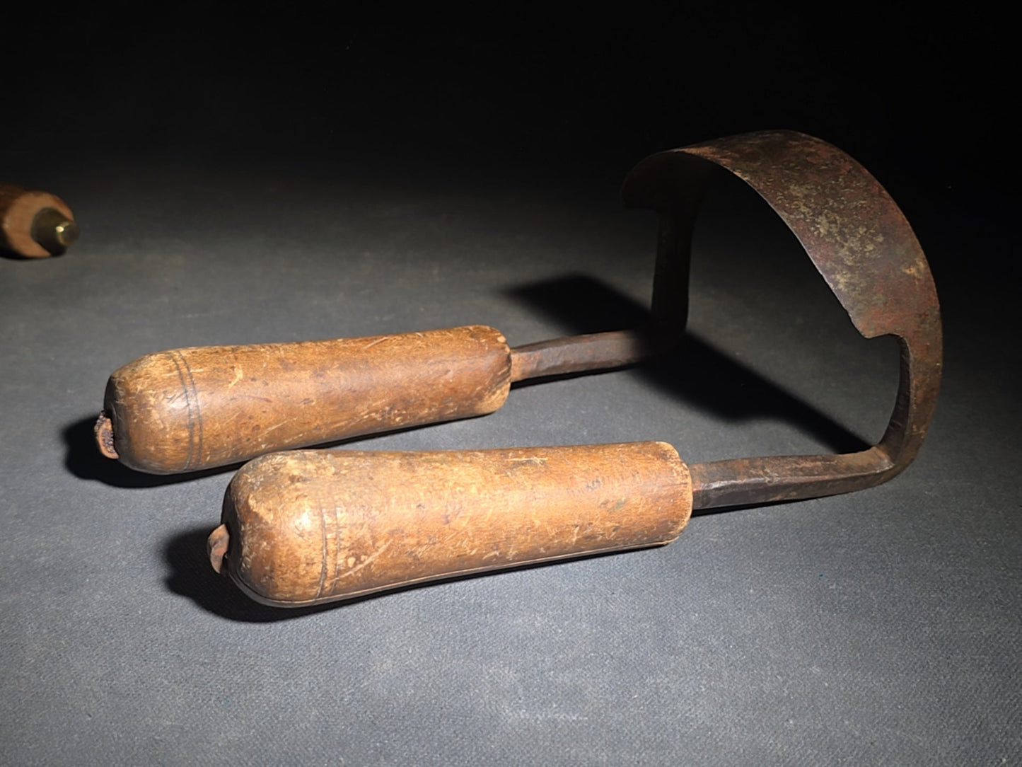 Pair of Antique Wood-Handled Drawknives including Straight Blade and Curved Inshave, One Stamped "G.A"
