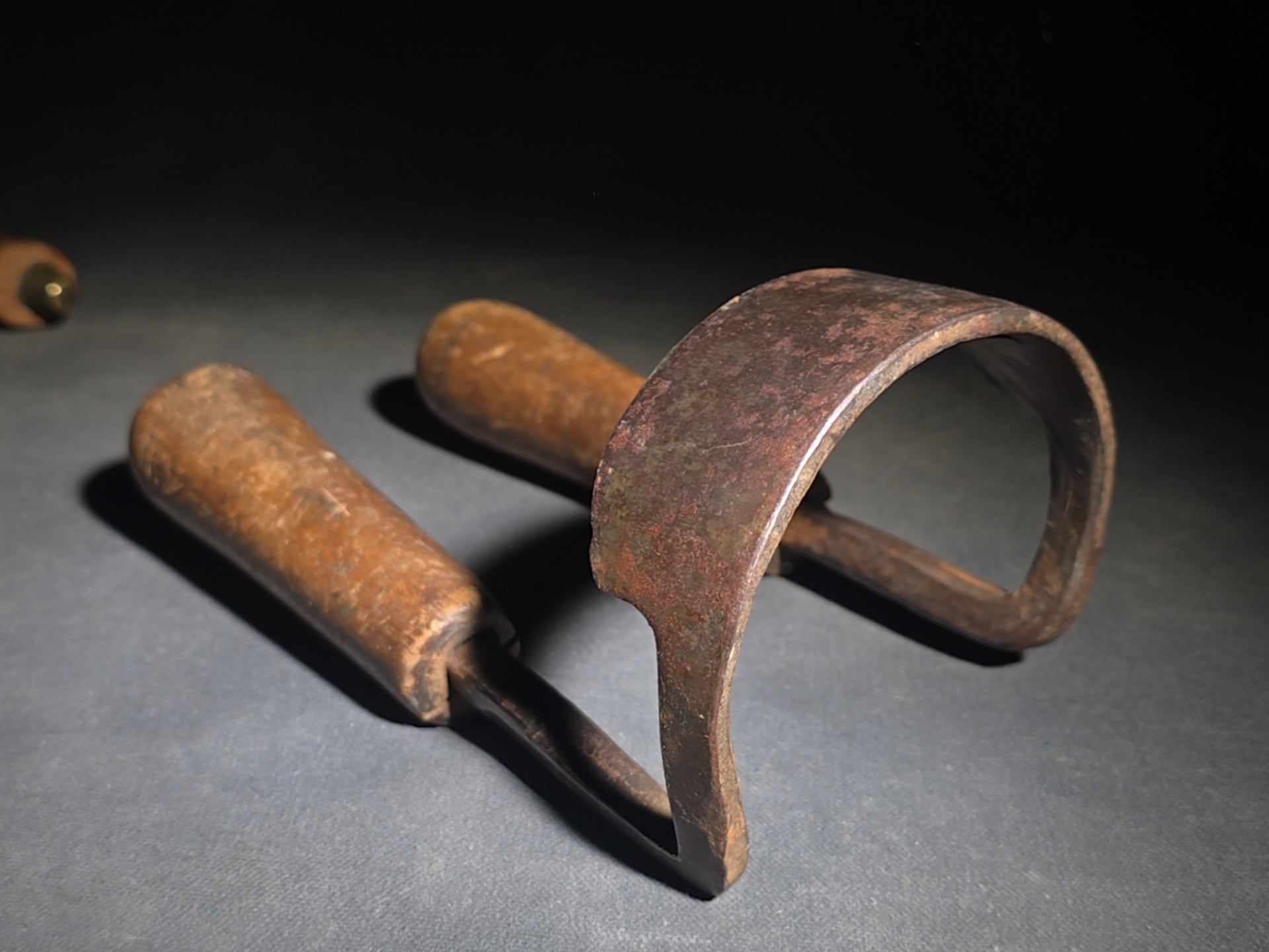 Pair of Antique Wood-Handled Drawknives including Straight Blade and Curved Inshave, One Stamped "G.A"