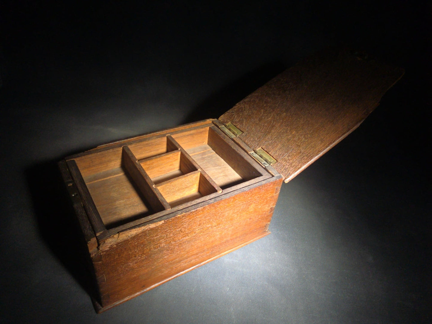 Antique Dovetailed Wood Box with Divided Interior Till and Brass Hinges