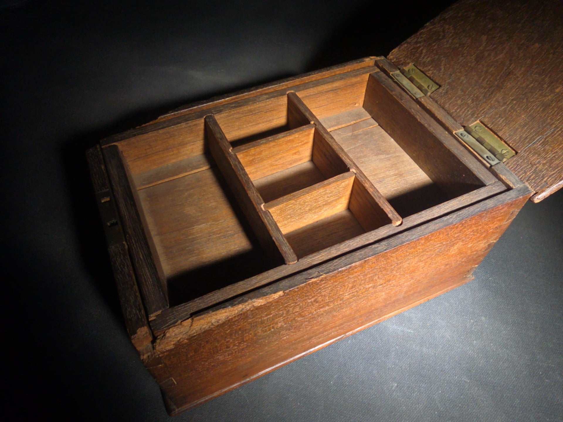 Antique Dovetailed Wood Box with Divided Interior Till and Brass Hinges