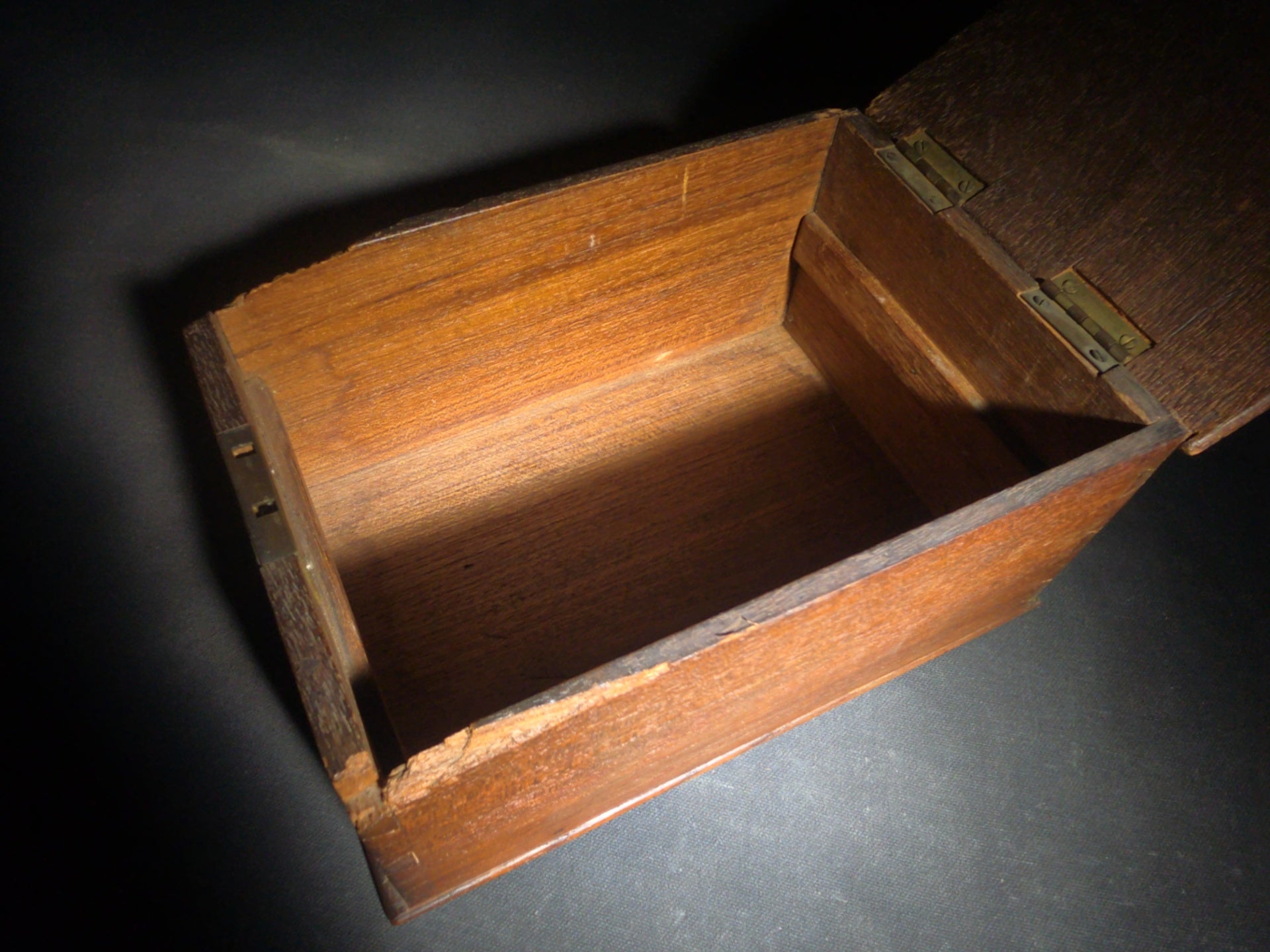 Antique Dovetailed Wood Box with Divided Interior Till and Brass Hinges