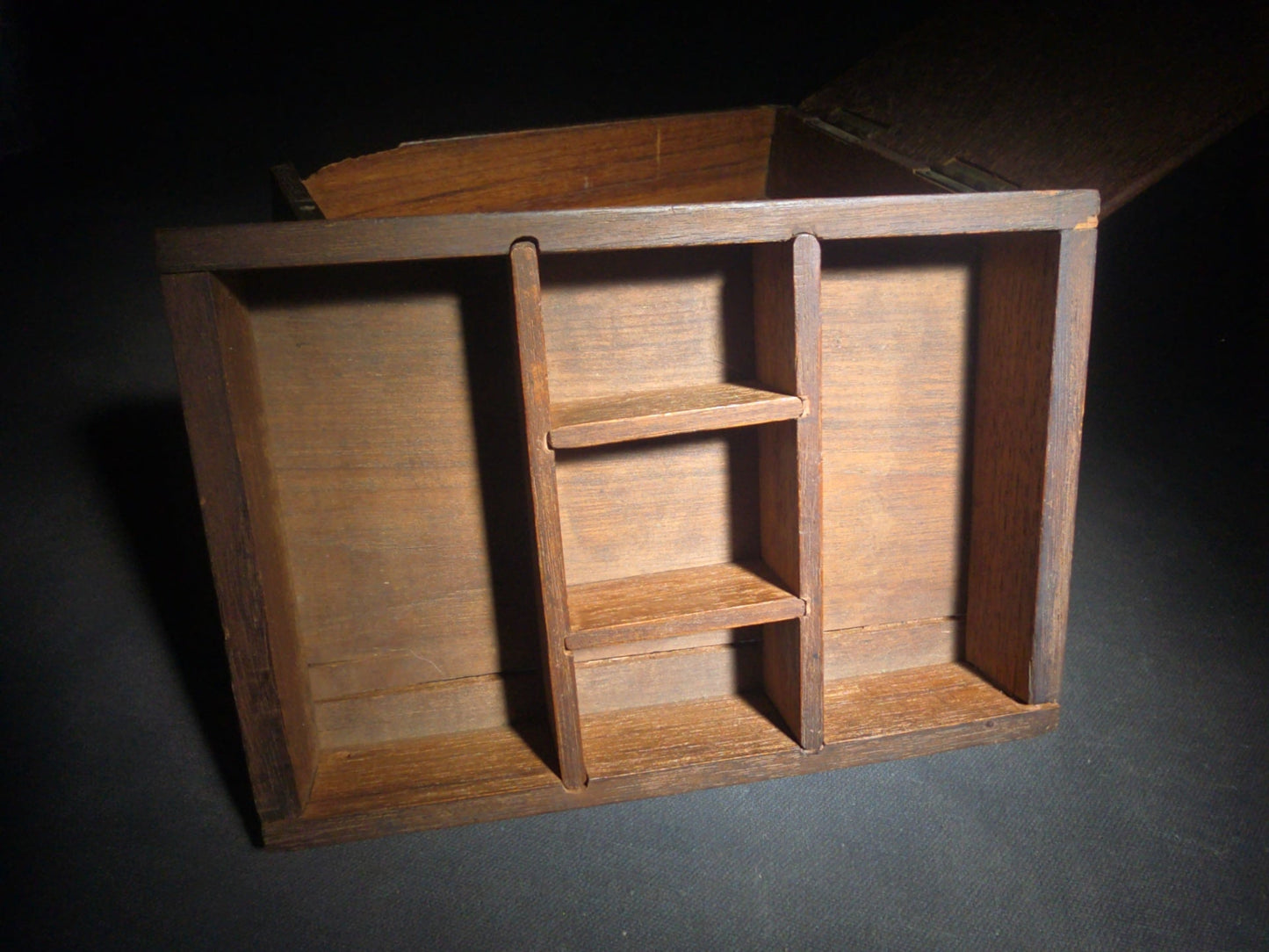 Antique Dovetailed Wood Box with Divided Interior Till and Brass Hinges