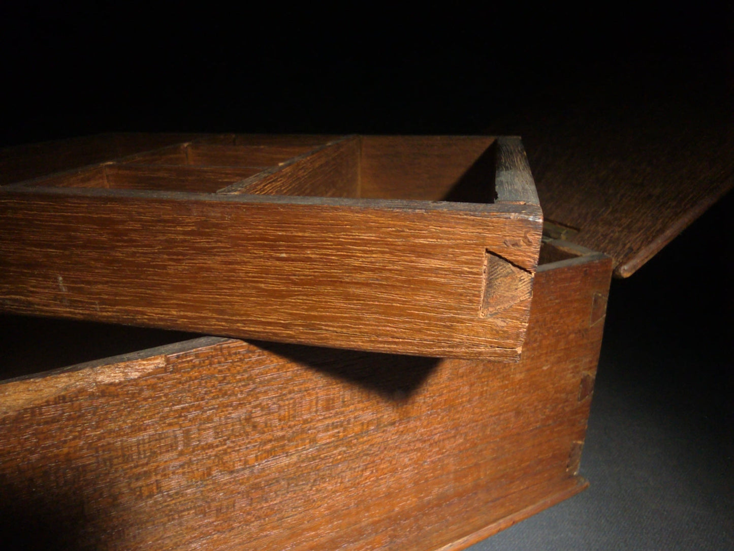Antique Dovetailed Wood Box with Divided Interior Till and Brass Hinges