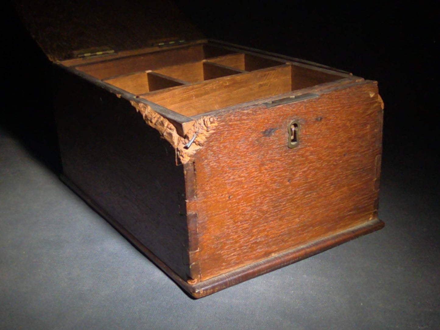 Antique Dovetailed Wood Box with Divided Interior Till and Brass Hinges