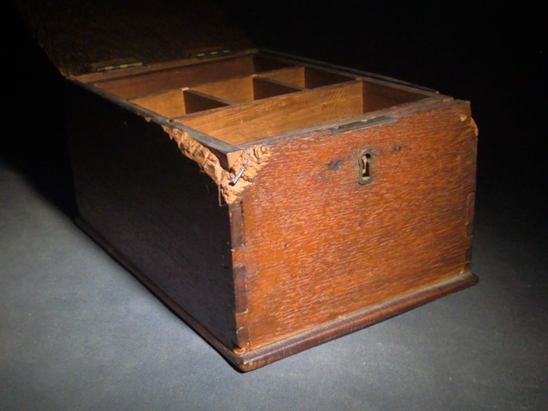 Antique Dovetailed Wood Box with Divided Interior Till and Brass Hinges