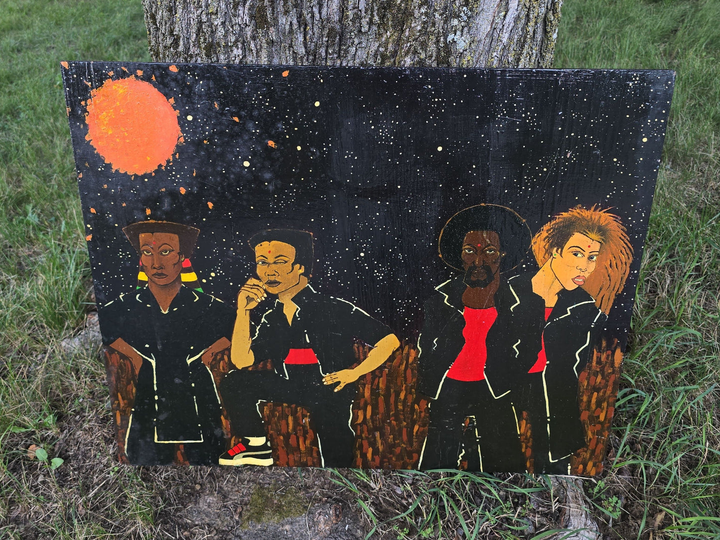 Vintage Painting on Wood Panel, Four Figures Beneath a Starry Sky, Unsigned