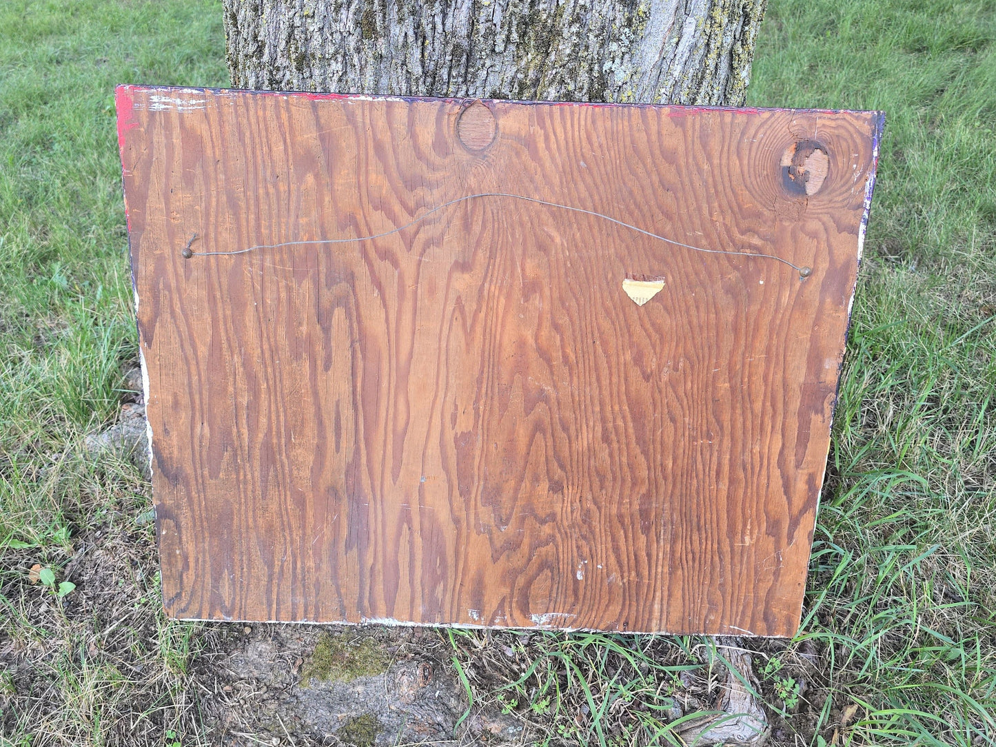 Vintage Painting on Wood Panel, Four Figures Beneath a Starry Sky, Unsigned