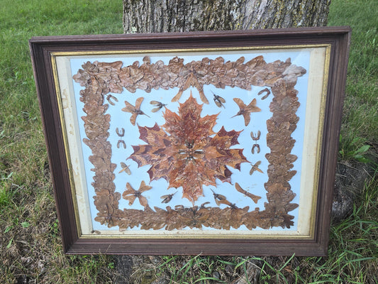 Antique Framed Pressed Leaf and Seed Pod Folk Art with Birds and Horseshoes, Labeled Mrs. Alfred Edwards, Natick, Massachusetts