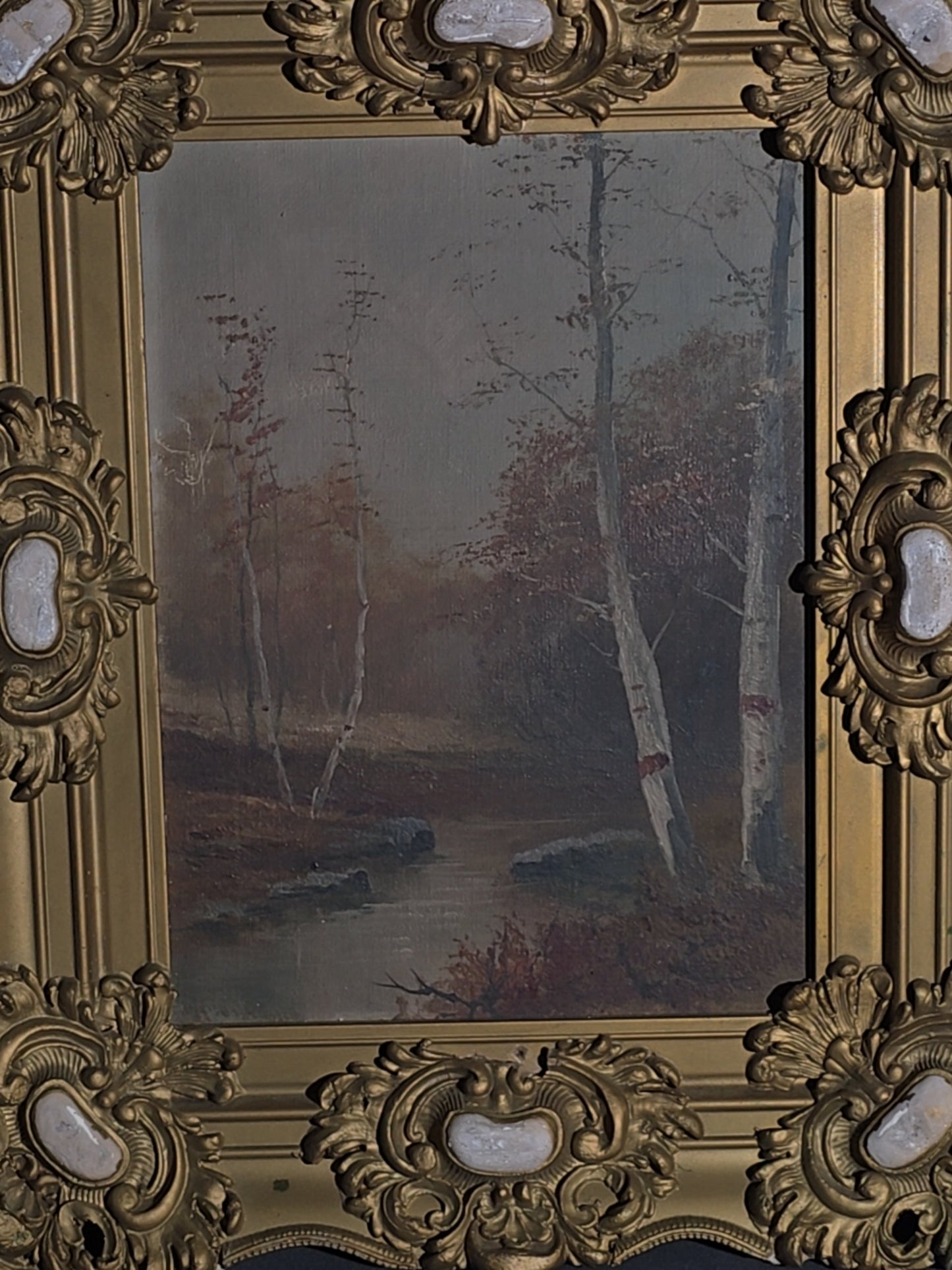 Antique Oil Painting on Canvas, Autumn Woodland Landscape with Birch Trees and Stream in Ornate Gilt Frame, Illegibly Signed