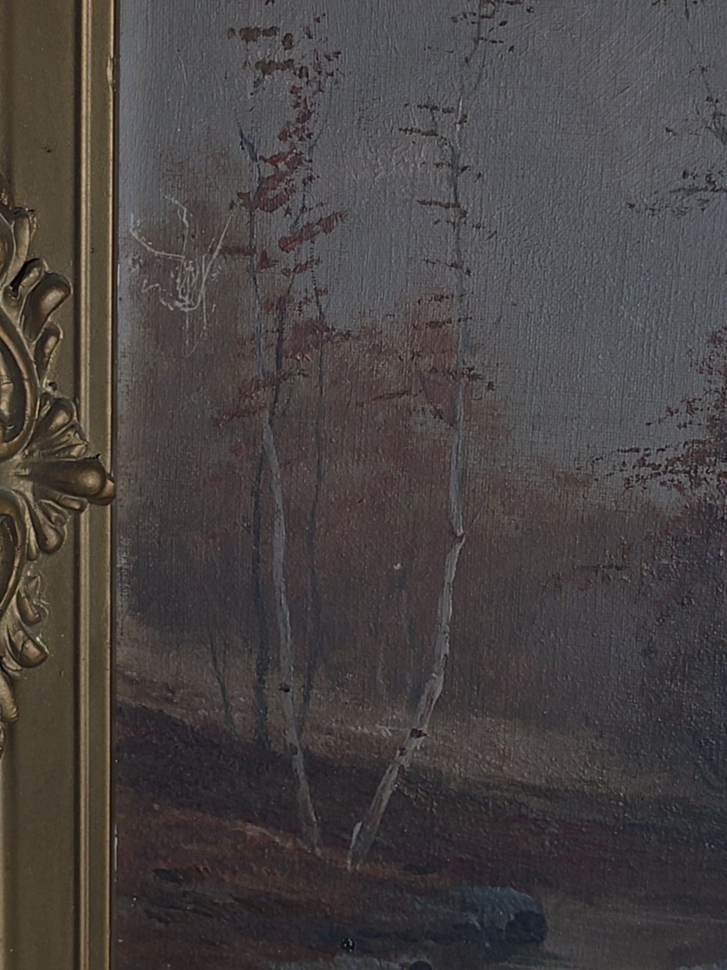Antique Oil Painting on Canvas, Autumn Woodland Landscape with Birch Trees and Stream in Ornate Gilt Frame, Illegibly Signed