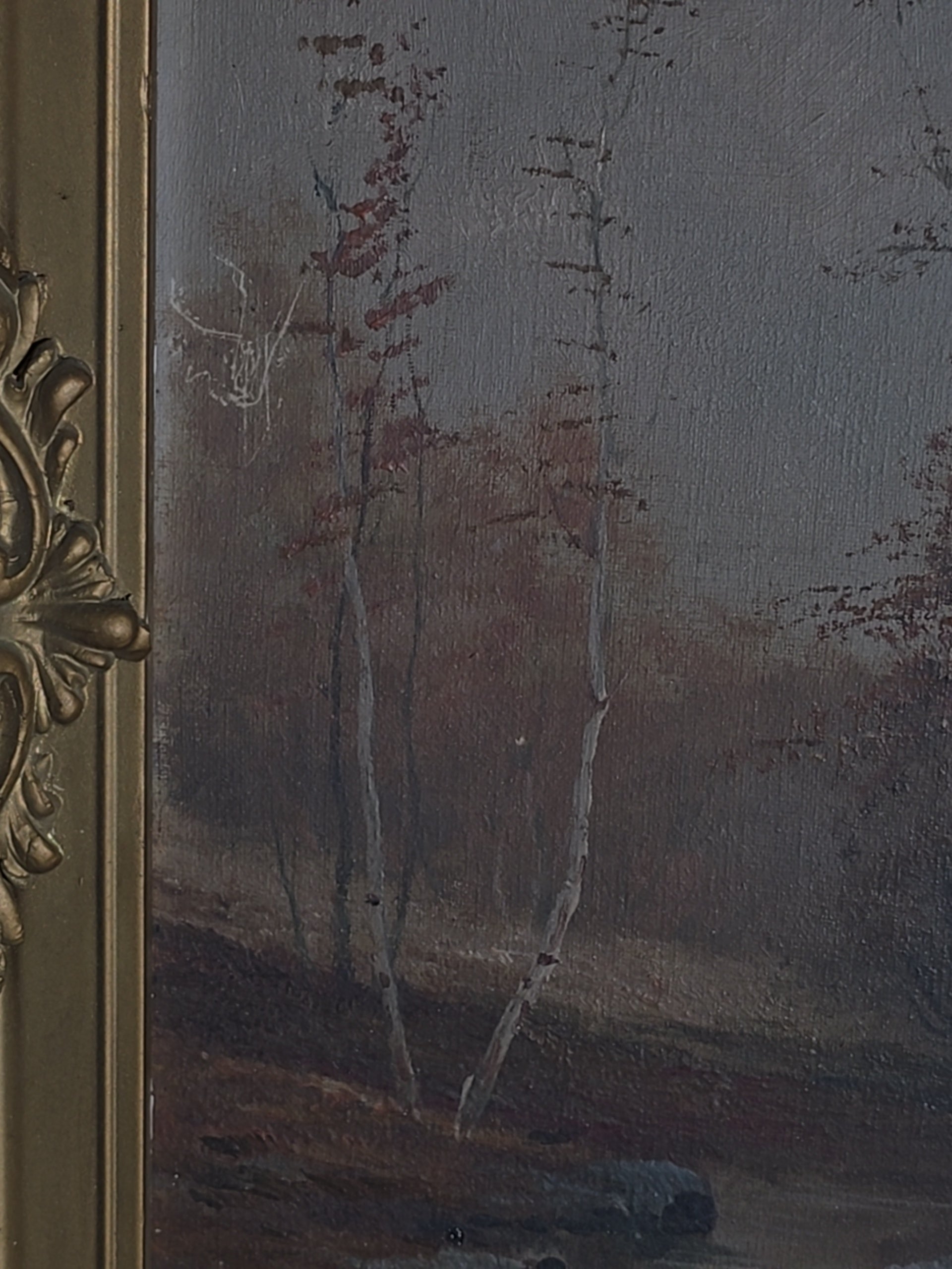 Antique Oil Painting on Canvas, Autumn Woodland Landscape with Birch Trees and Stream in Ornate Gilt Frame, Illegibly Signed