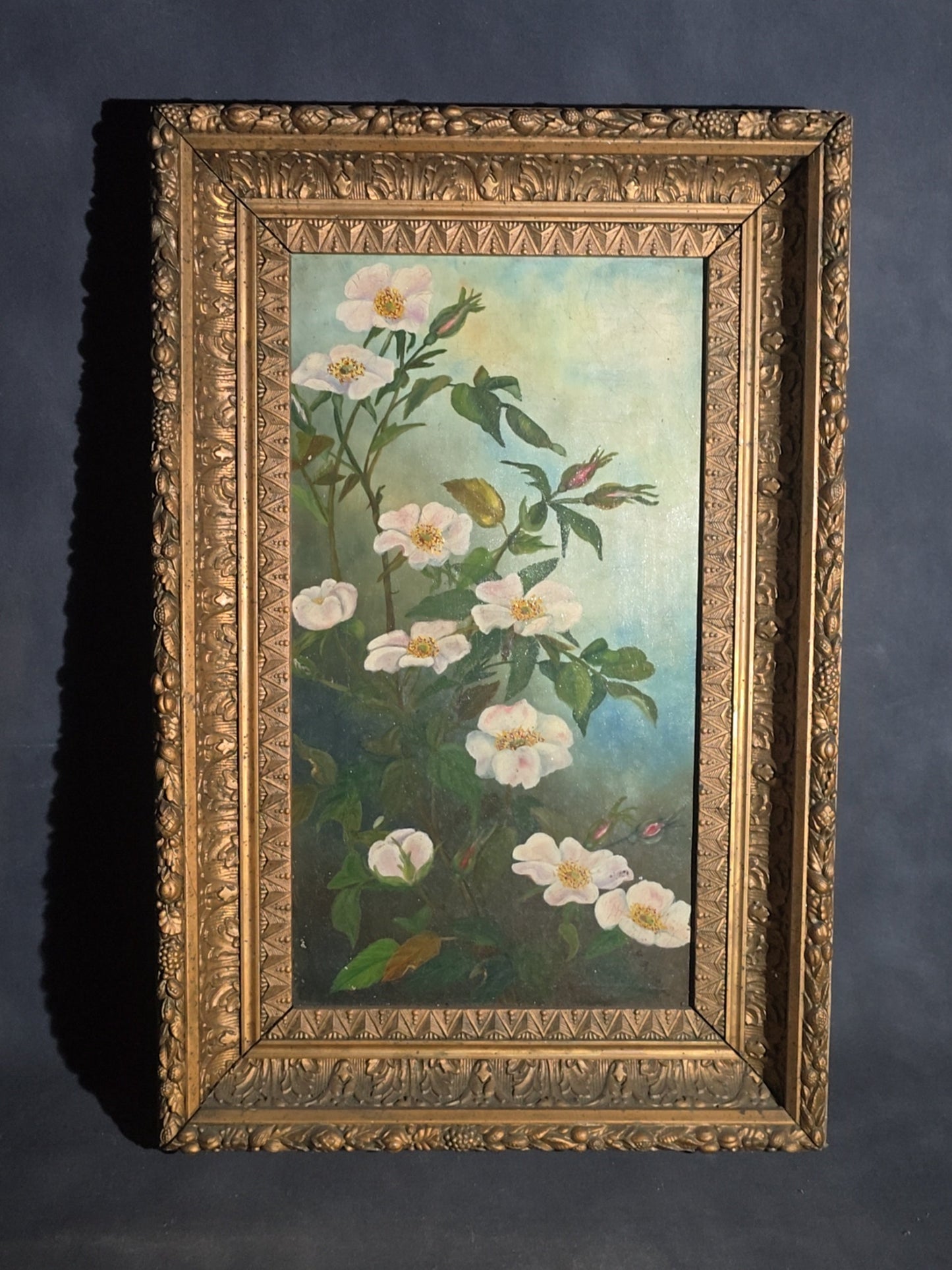 Antique 19th Century Oil Painting on Canvas, Floral Still Life with White Cherokee Roses, Signed Illegibly, in Gilt Frame