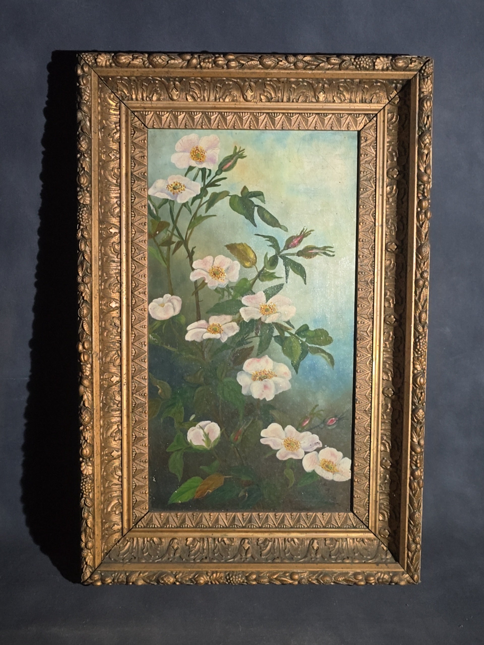 Antique 19th Century Oil Painting on Canvas, Floral Still Life with White Cherokee Roses, Signed Illegibly, in Gilt Frame