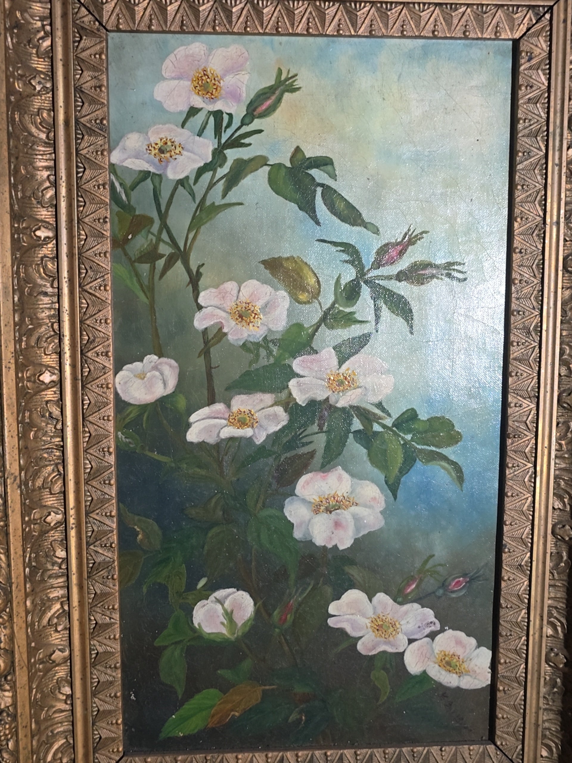 Antique 19th Century Oil Painting on Canvas, Floral Still Life with White Cherokee Roses, Signed Illegibly, in Gilt Frame