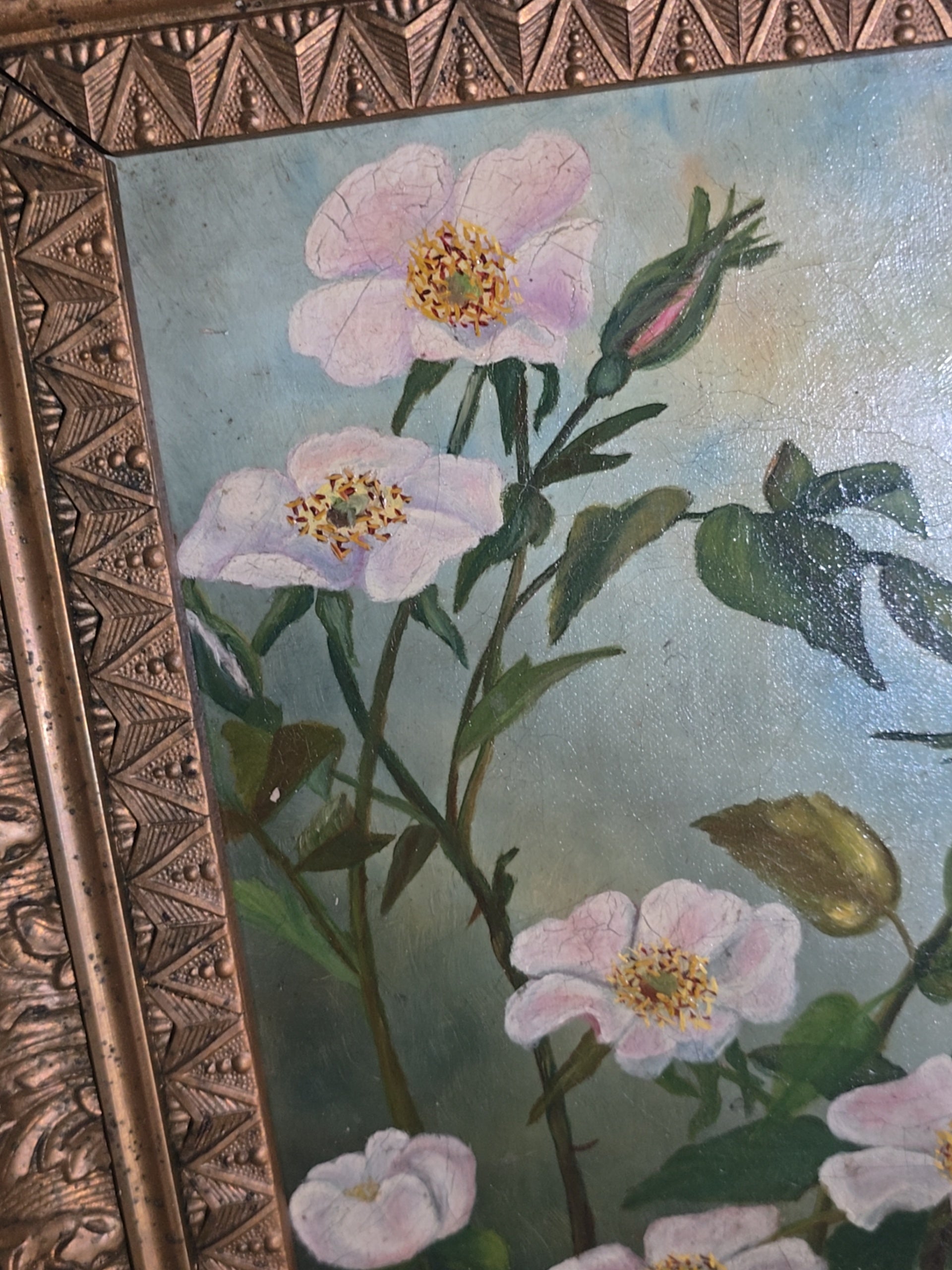 Antique 19th Century Oil Painting on Canvas, Floral Still Life with White Cherokee Roses, Signed Illegibly, in Gilt Frame