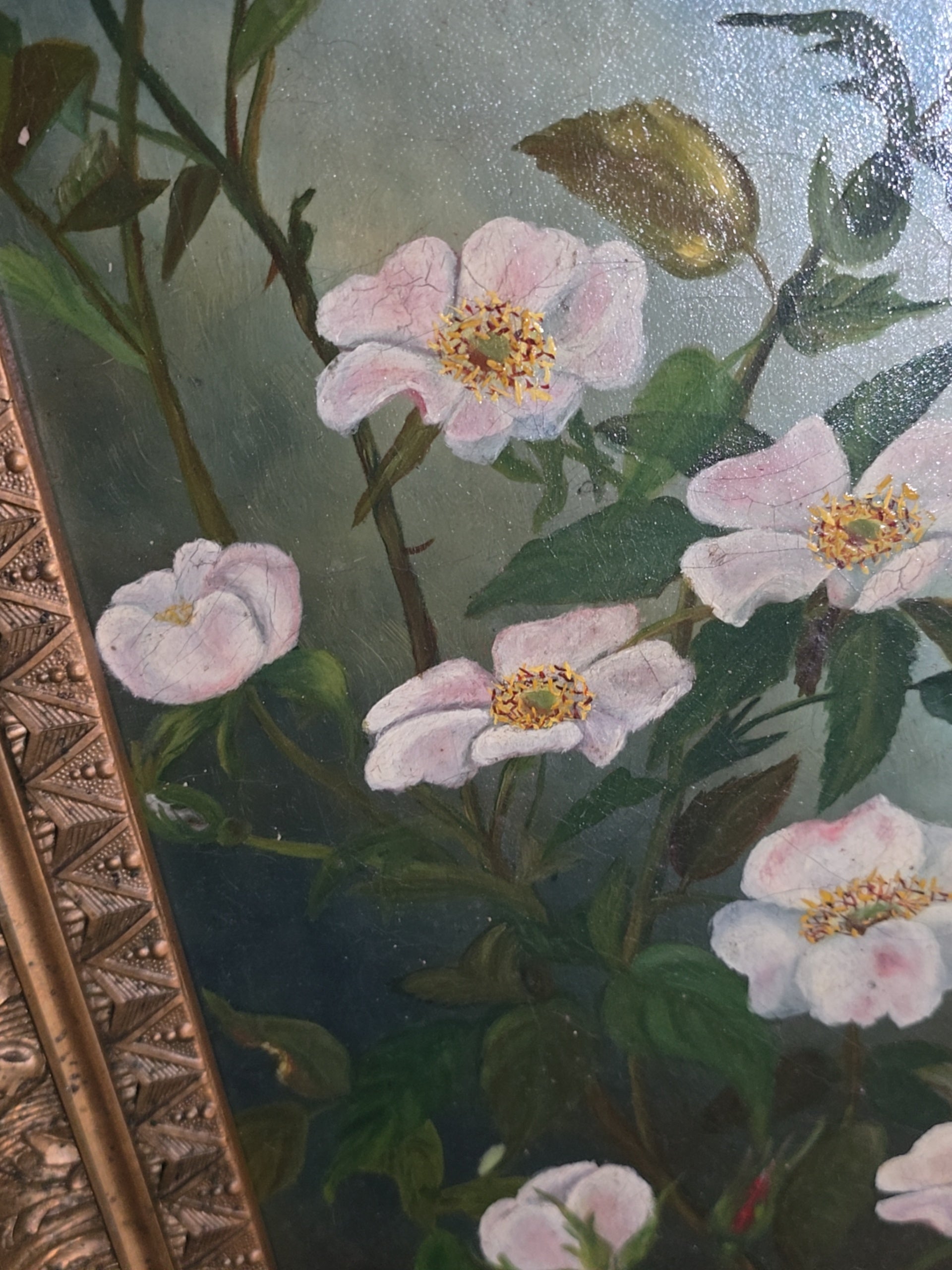 Antique 19th Century Oil Painting on Canvas, Floral Still Life with White Cherokee Roses, Signed Illegibly, in Gilt Frame