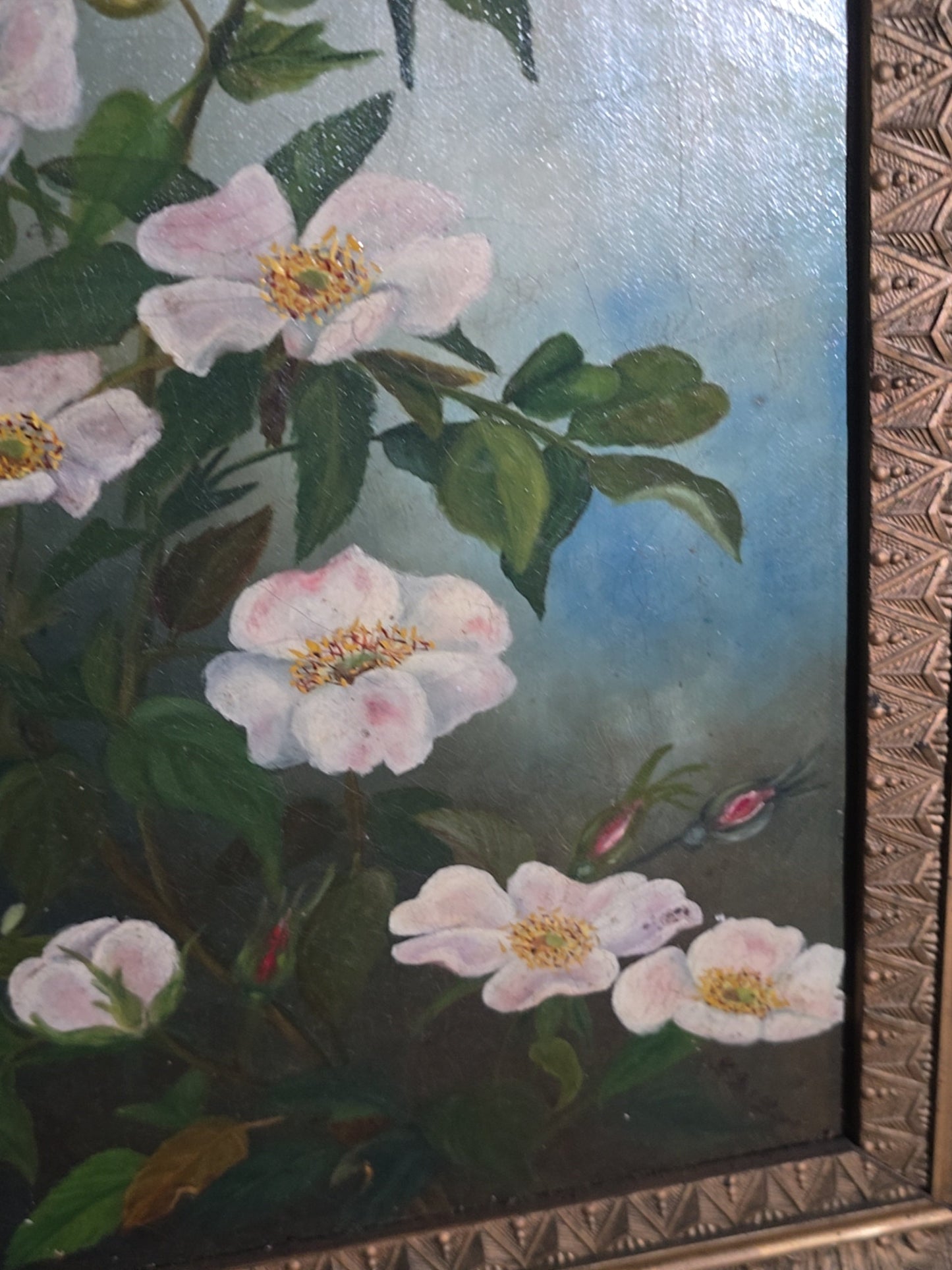 Antique 19th Century Oil Painting on Canvas, Floral Still Life with White Cherokee Roses, Signed Illegibly, in Gilt Frame