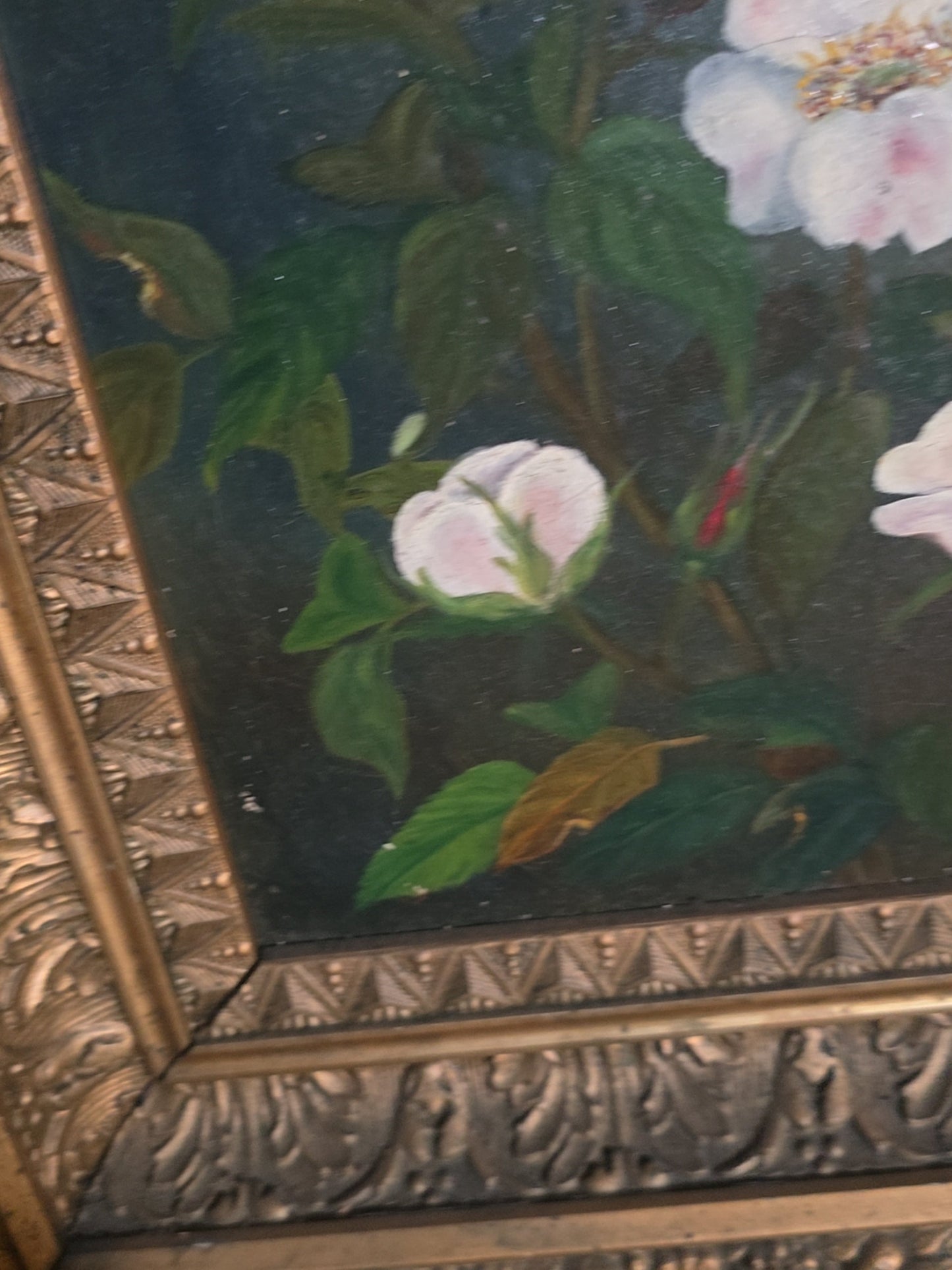 Antique 19th Century Oil Painting on Canvas, Floral Still Life with White Cherokee Roses, Signed Illegibly, in Gilt Frame