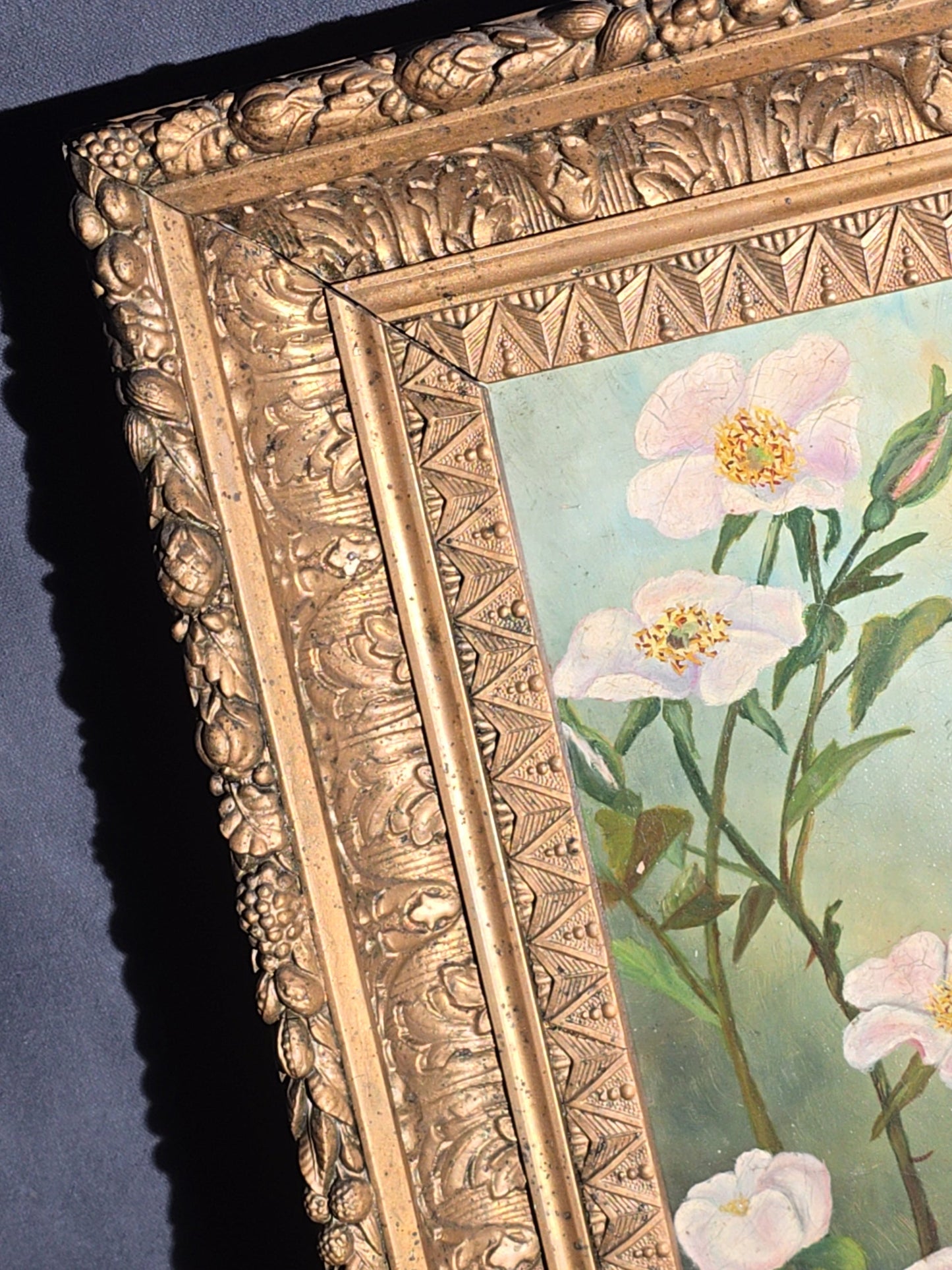 Antique 19th Century Oil Painting on Canvas, Floral Still Life with White Cherokee Roses, Signed Illegibly, in Gilt Frame