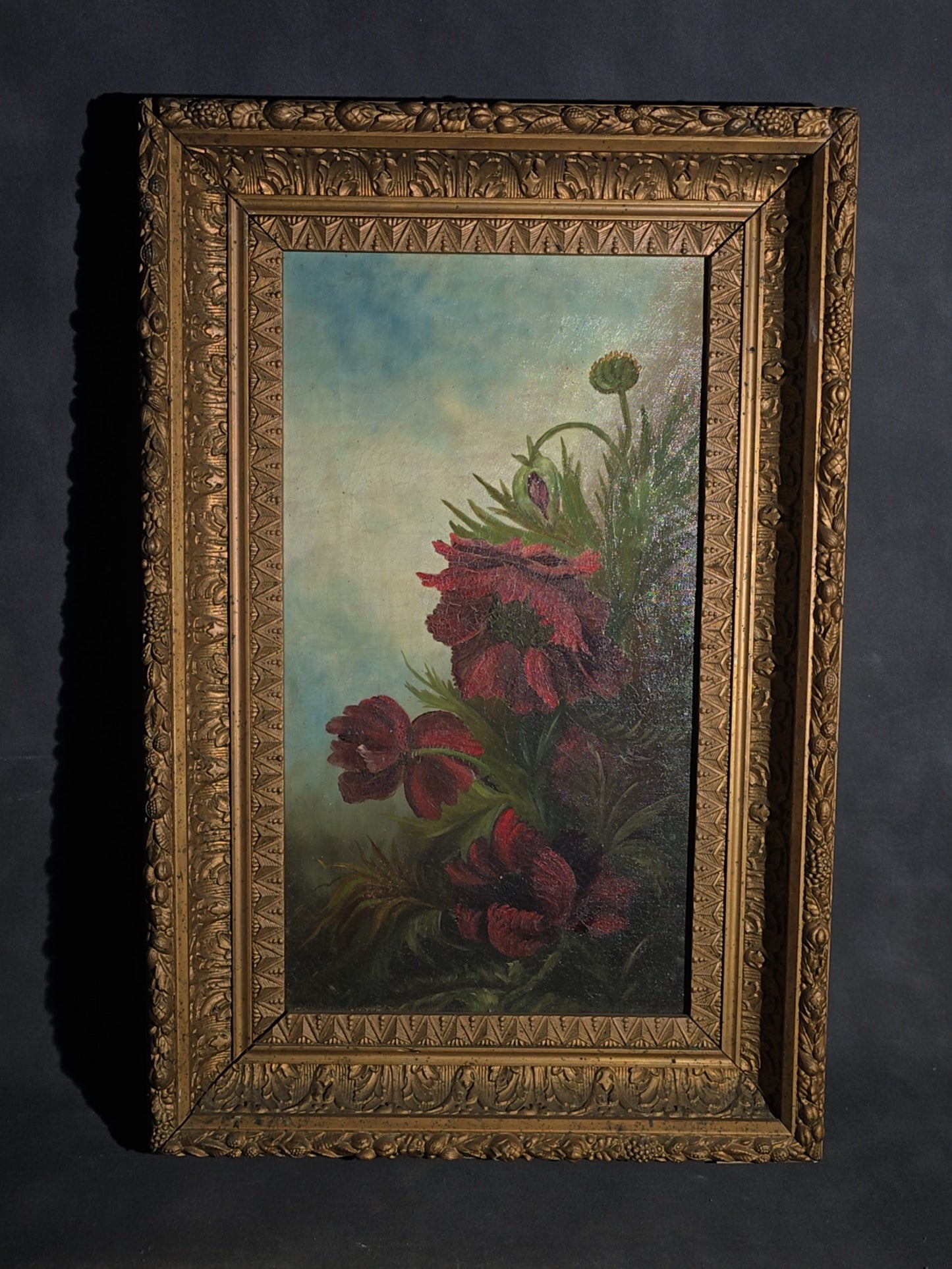 Antique Oil Painting on Canvas, Floral Still Life with Red Poppies, Signed Illegibly, in Gilt Frame