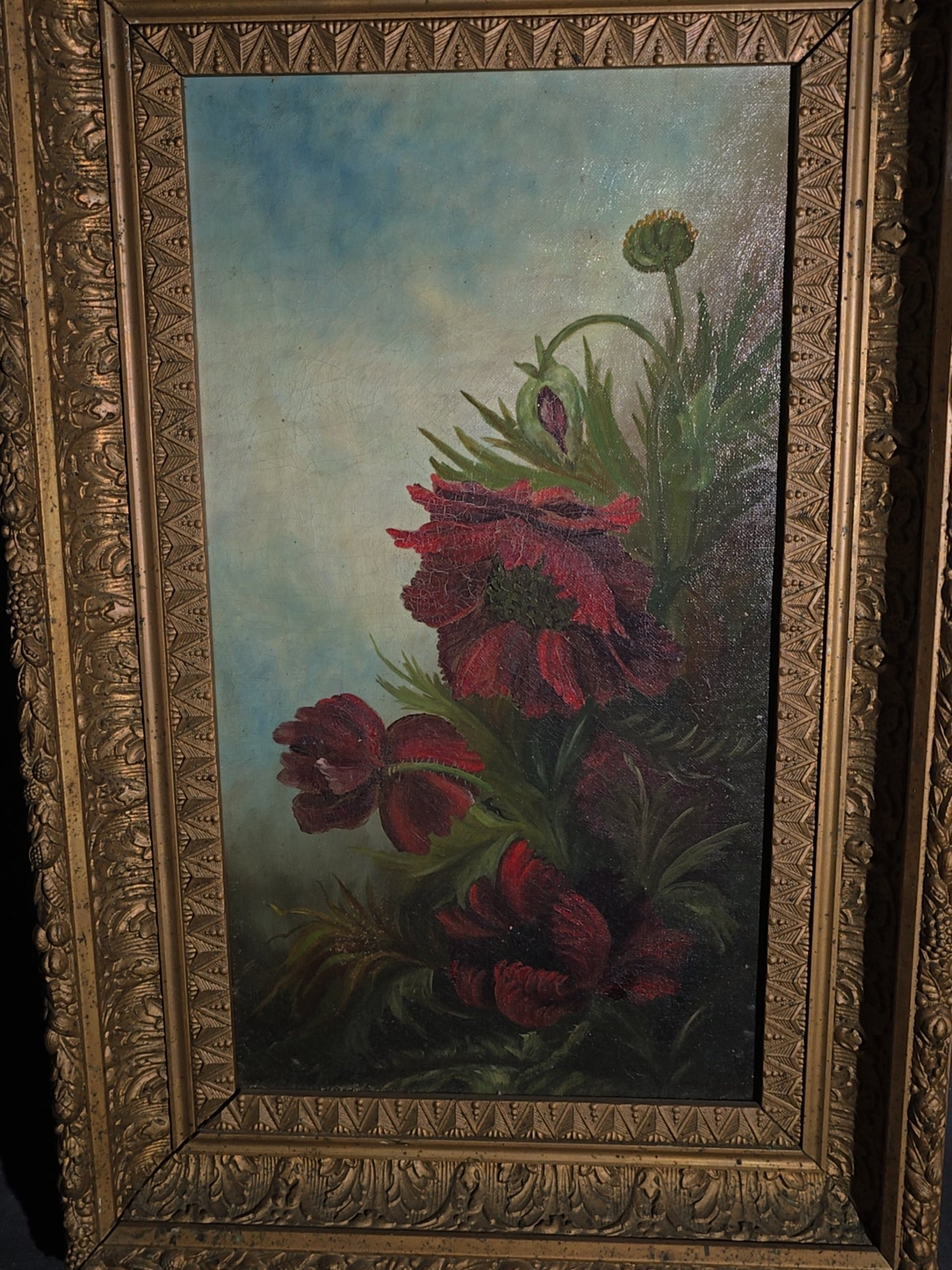 Antique Oil Painting on Canvas, Floral Still Life with Red Poppies, Signed Illegibly, in Gilt Frame