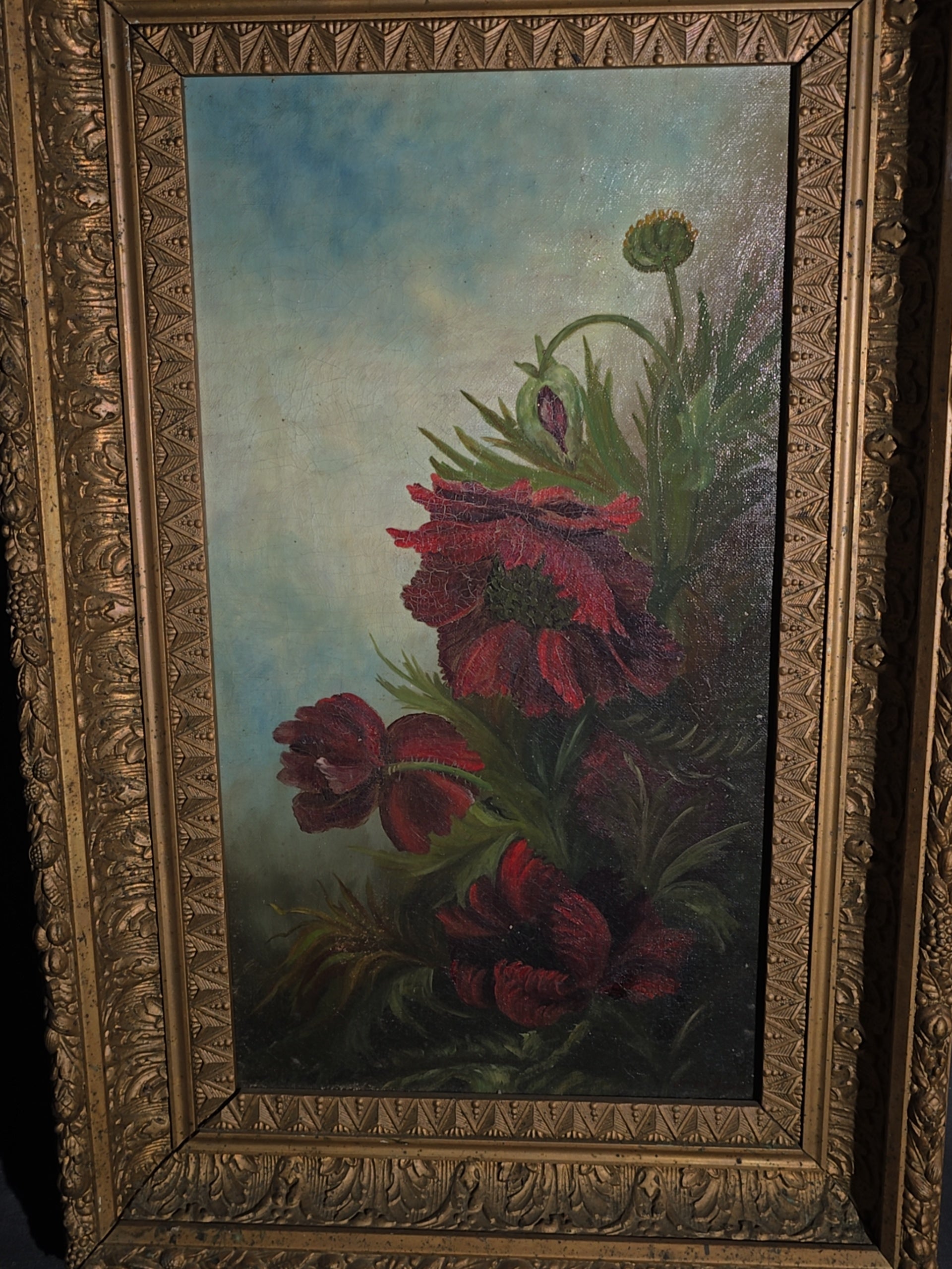 Antique Oil Painting on Canvas, Floral Still Life with Red Poppies, Signed Illegibly, in Gilt Frame