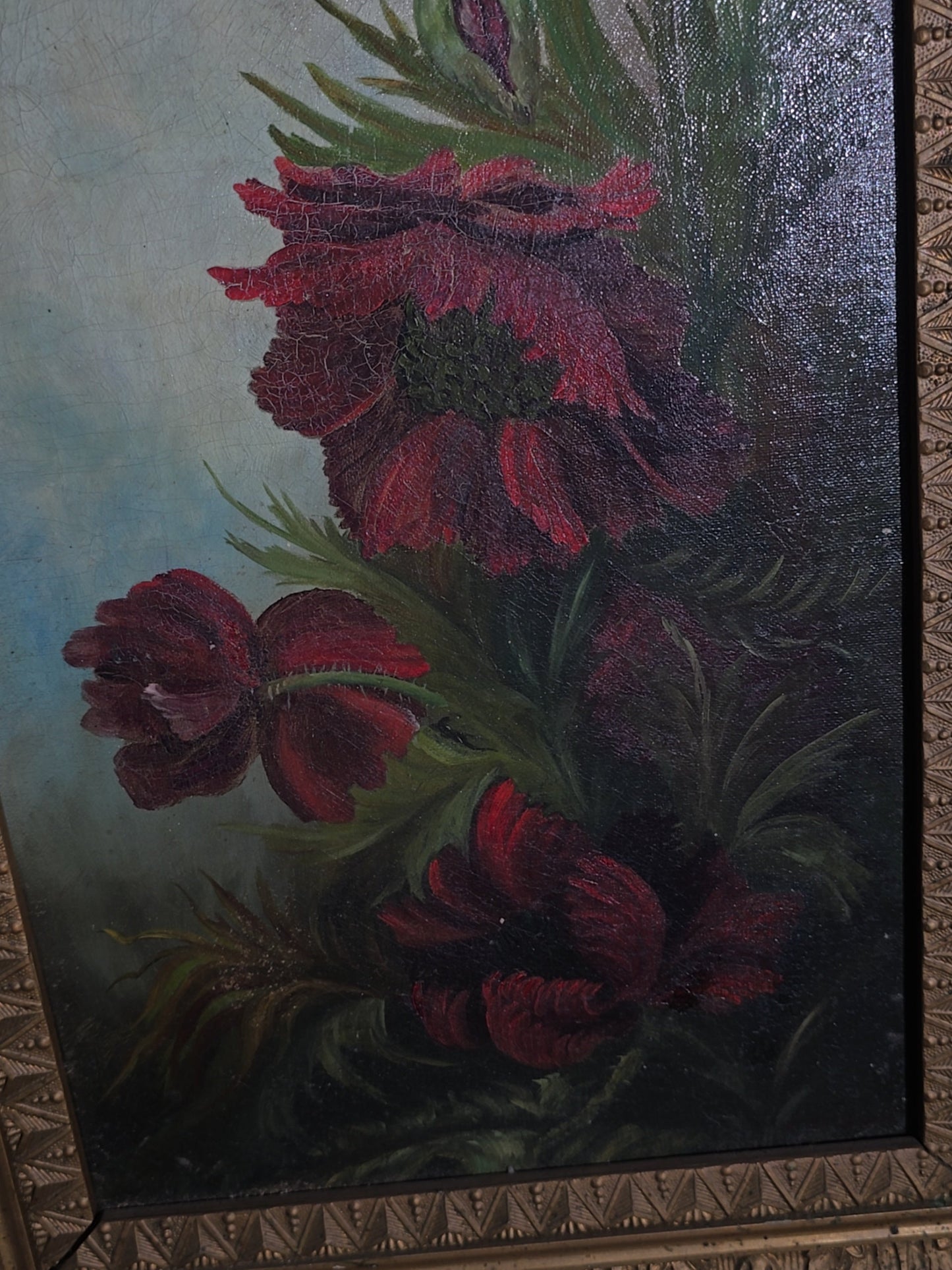 Antique Oil Painting on Canvas, Floral Still Life with Red Poppies, Signed Illegibly, in Gilt Frame