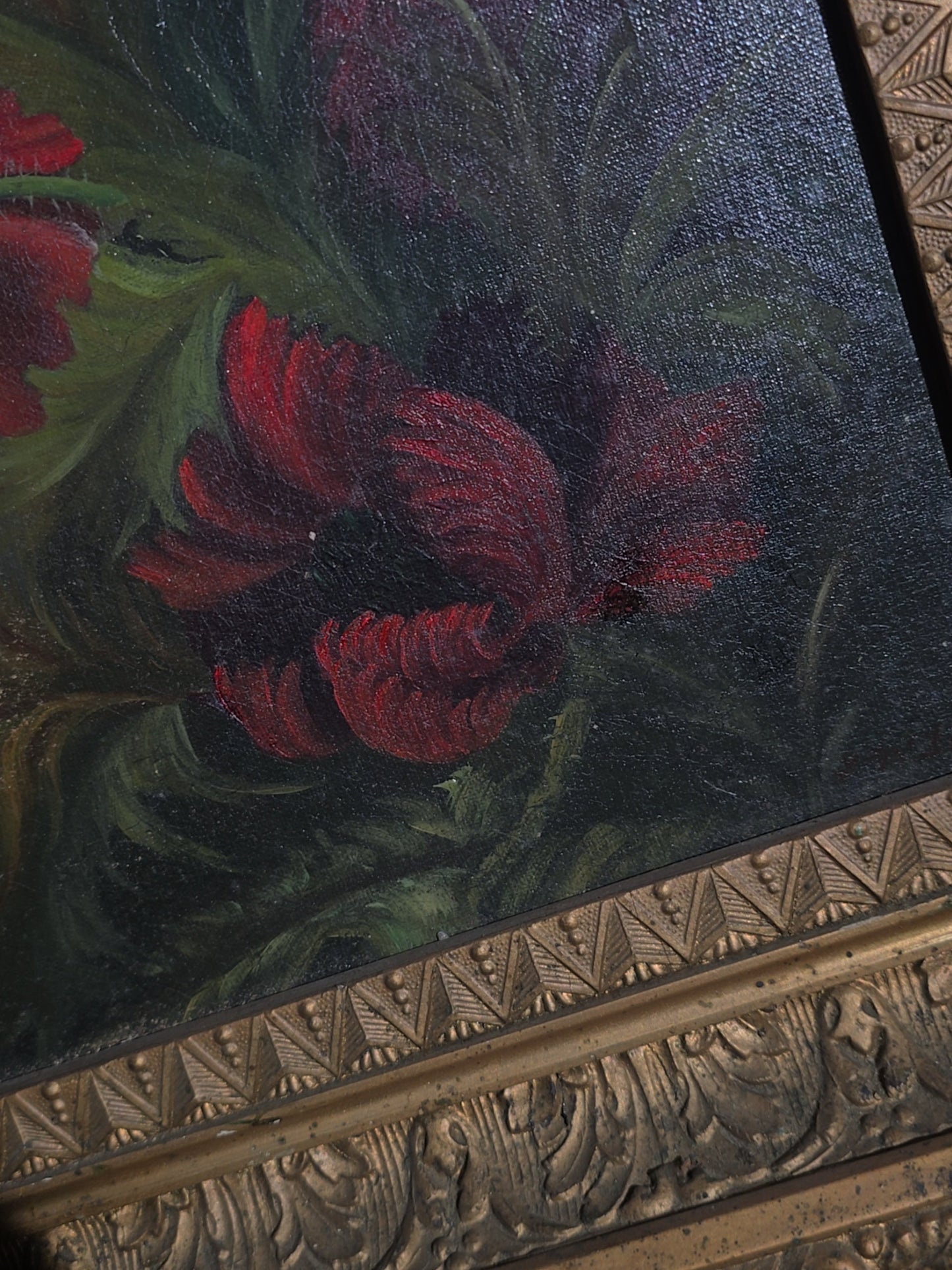 Antique Oil Painting on Canvas, Floral Still Life with Red Poppies, Signed Illegibly, in Gilt Frame