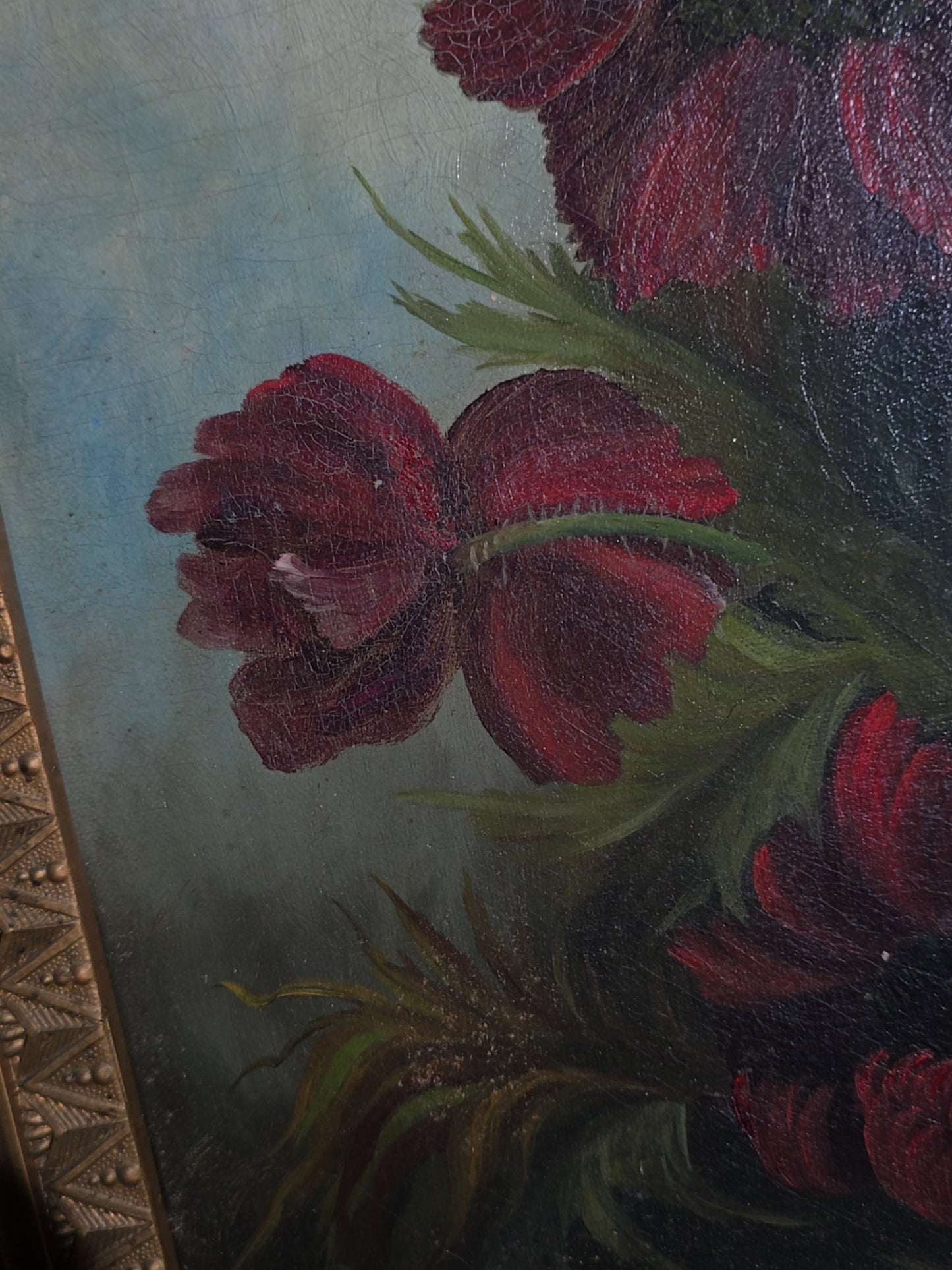 Antique Oil Painting on Canvas, Floral Still Life with Red Poppies, Signed Illegibly, in Gilt Frame