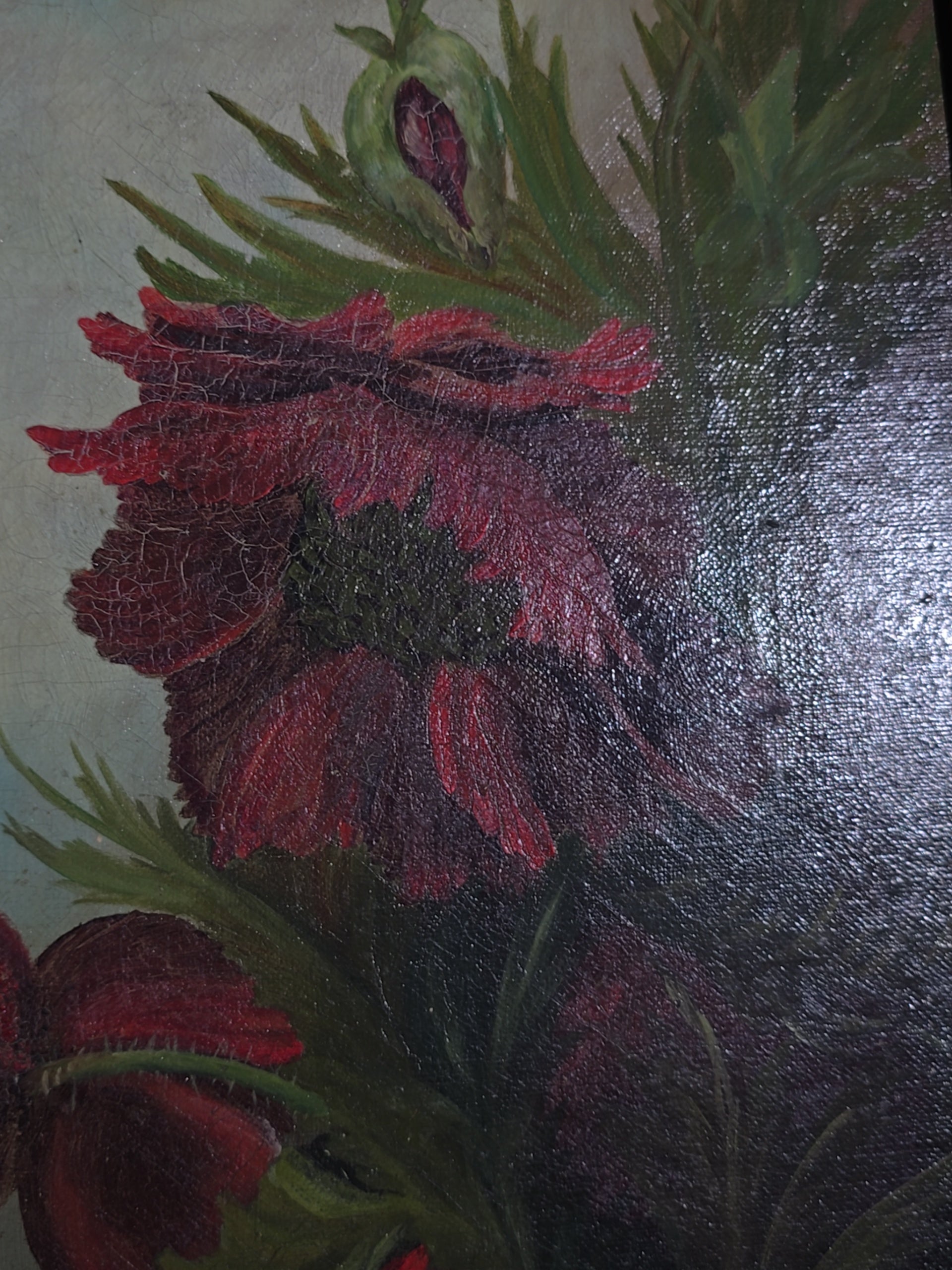 Antique Oil Painting on Canvas, Floral Still Life with Red Poppies, Signed Illegibly, in Gilt Frame