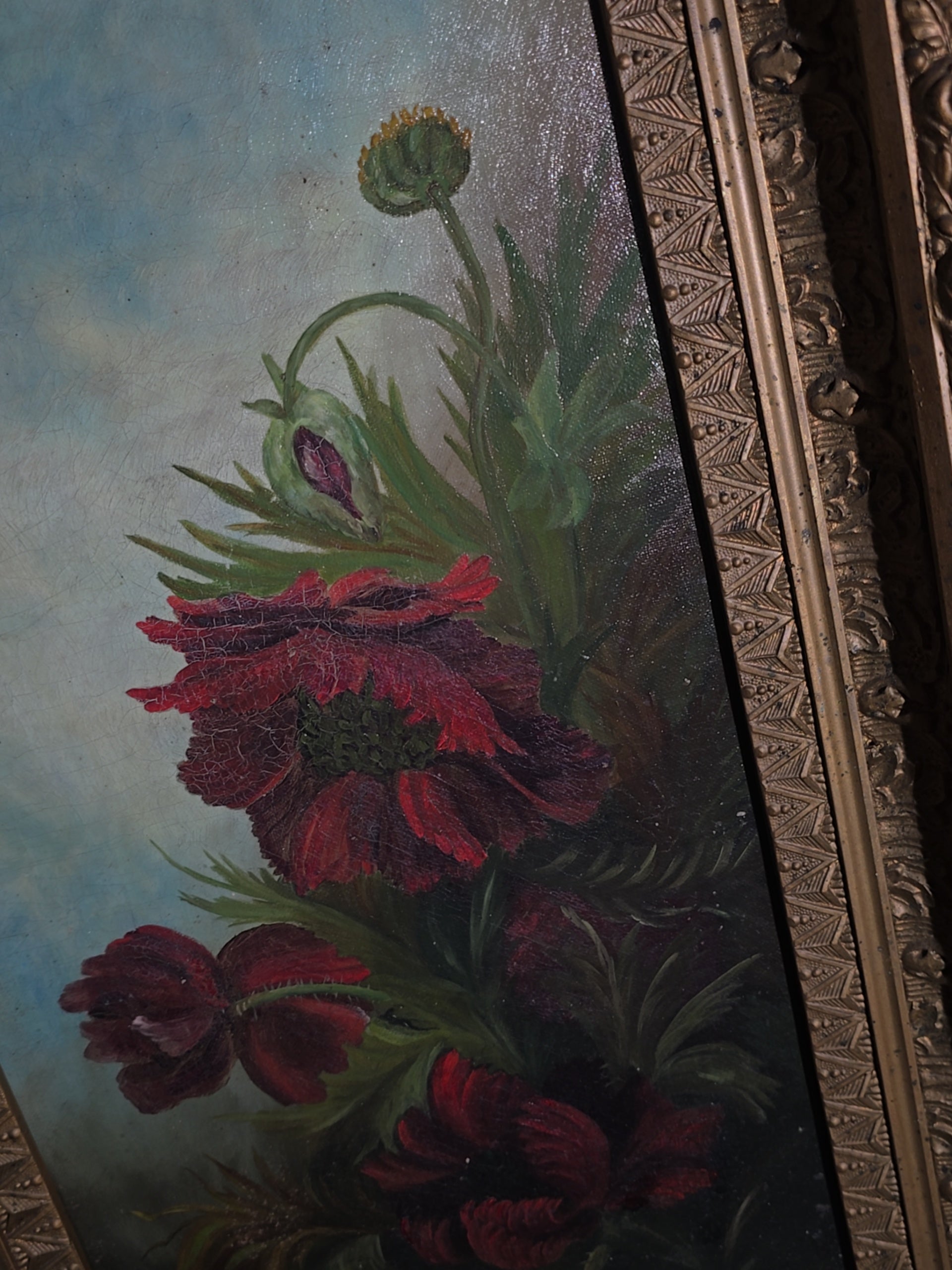 Antique Oil Painting on Canvas, Floral Still Life with Red Poppies, Signed Illegibly, in Gilt Frame