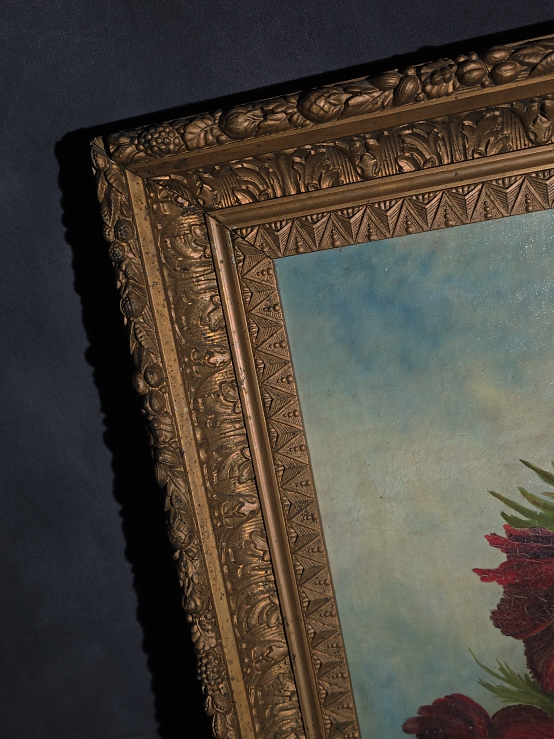 Antique Oil Painting on Canvas, Floral Still Life with Red Poppies, Signed Illegibly, in Gilt Frame