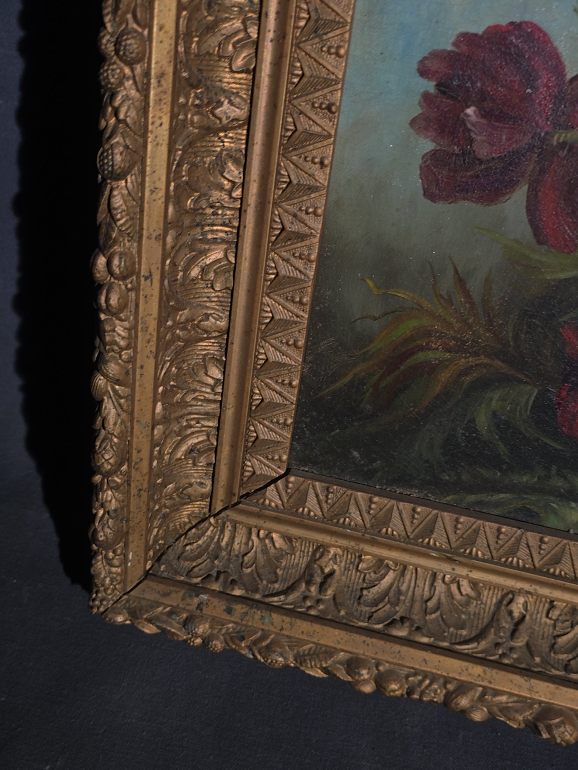 Antique Oil Painting on Canvas, Floral Still Life with Red Poppies, Signed Illegibly, in Gilt Frame