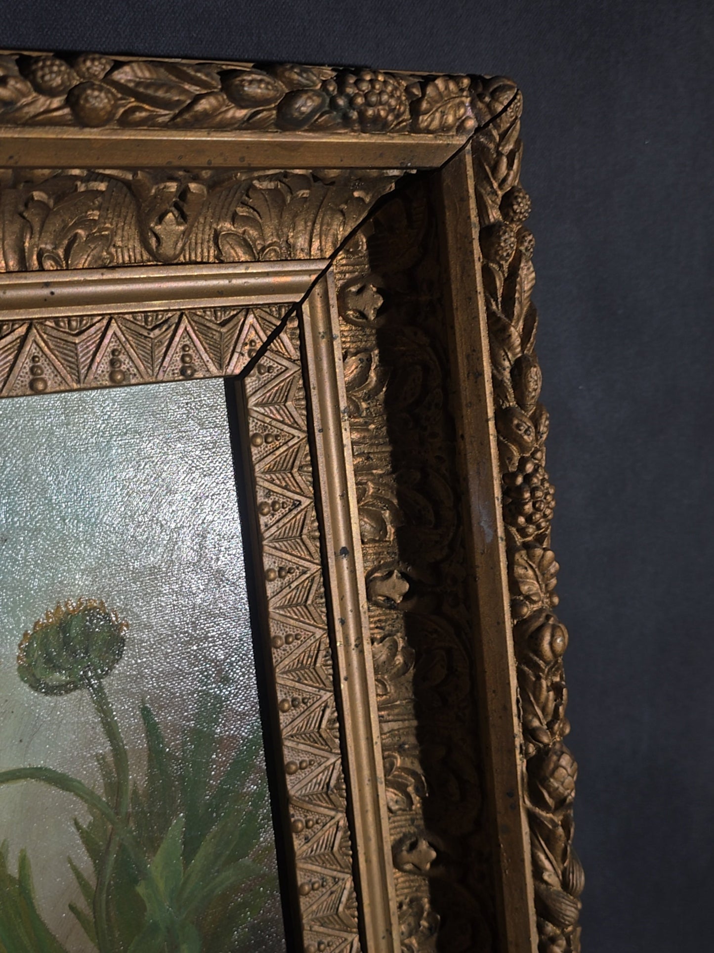 Antique Oil Painting on Canvas, Floral Still Life with Red Poppies, Signed Illegibly, in Gilt Frame