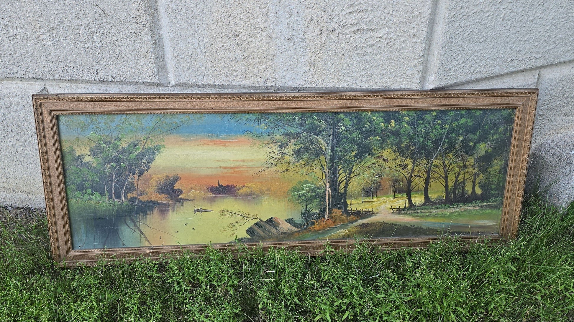 Antique Oil Painting on Board, Panoramic River Landscape, Inscribed "To My Friend John Hempen"