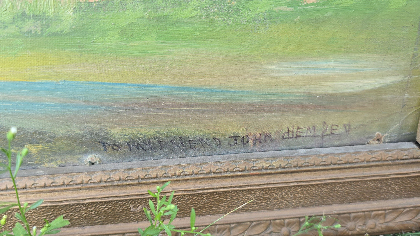 Antique Oil Painting on Board, Panoramic River Landscape, Inscribed "To My Friend John Hempen"