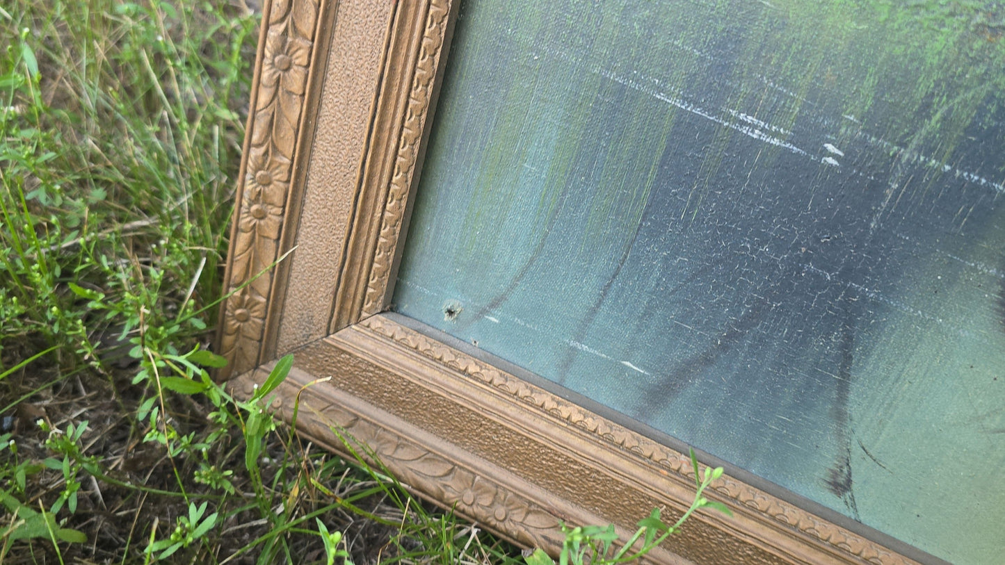 Antique Oil Painting on Board, Panoramic River Landscape, Inscribed "To My Friend John Hempen"