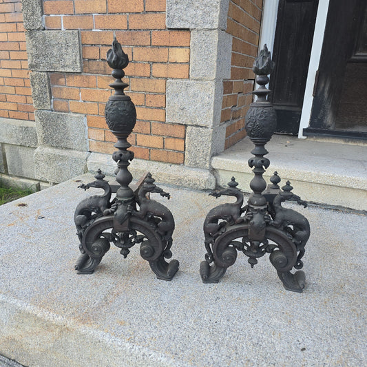 Pair of Antique Renaissance Revival Fireplace Andirons with Dragon Figures and Flame Finials