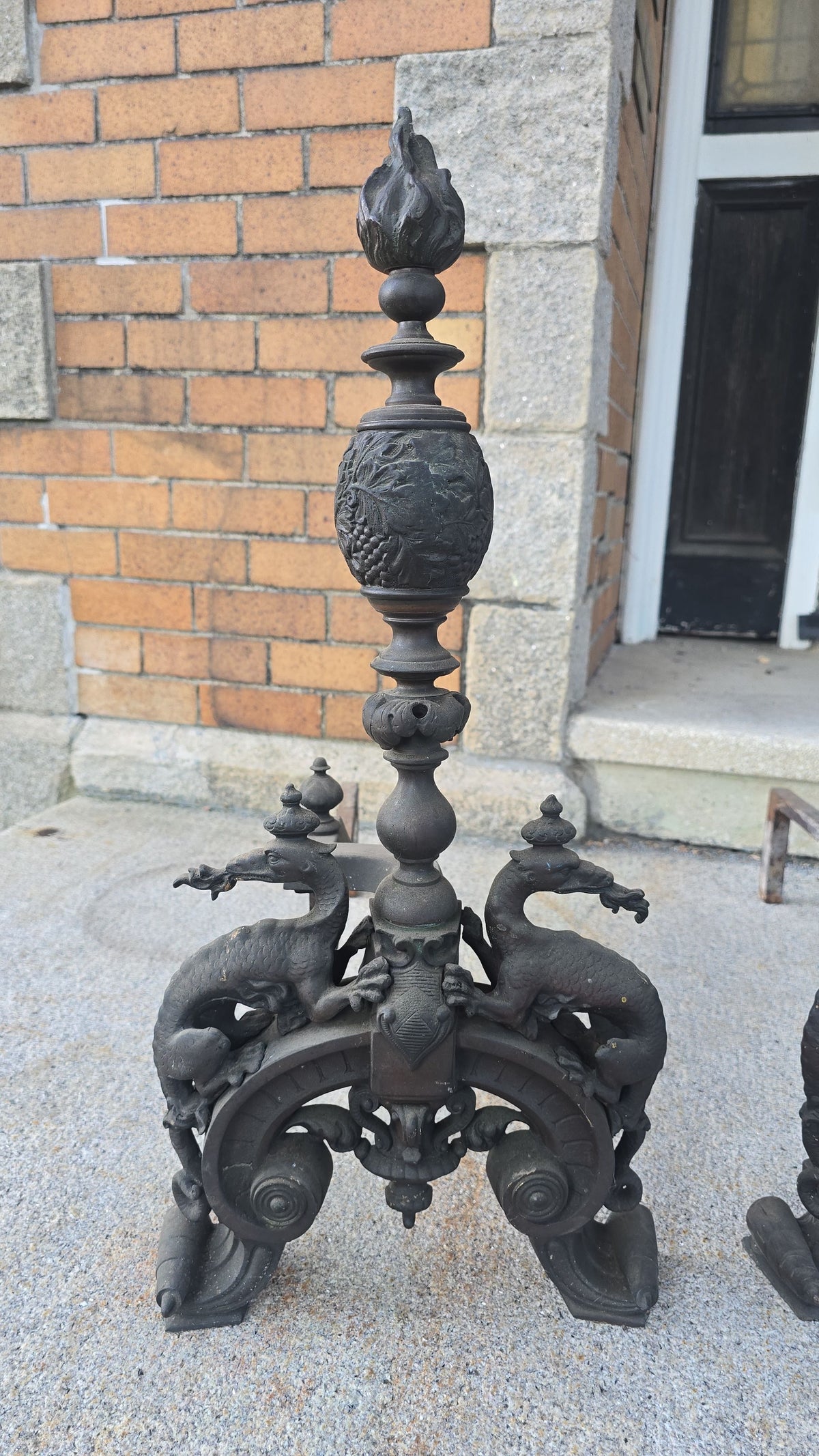Pair of Antique Renaissance Revival Fireplace Andirons with Dragon Figures and Flame Finials