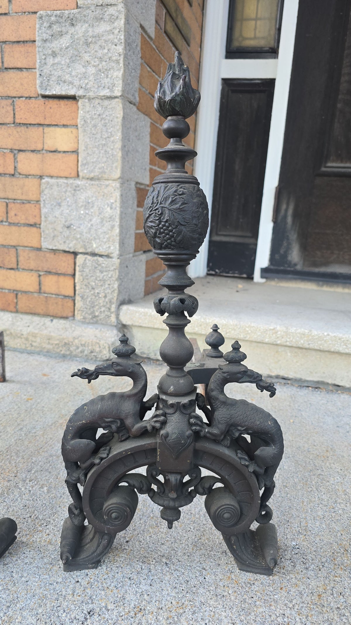 Pair of Antique Renaissance Revival Fireplace Andirons with Dragon Figures and Flame Finials