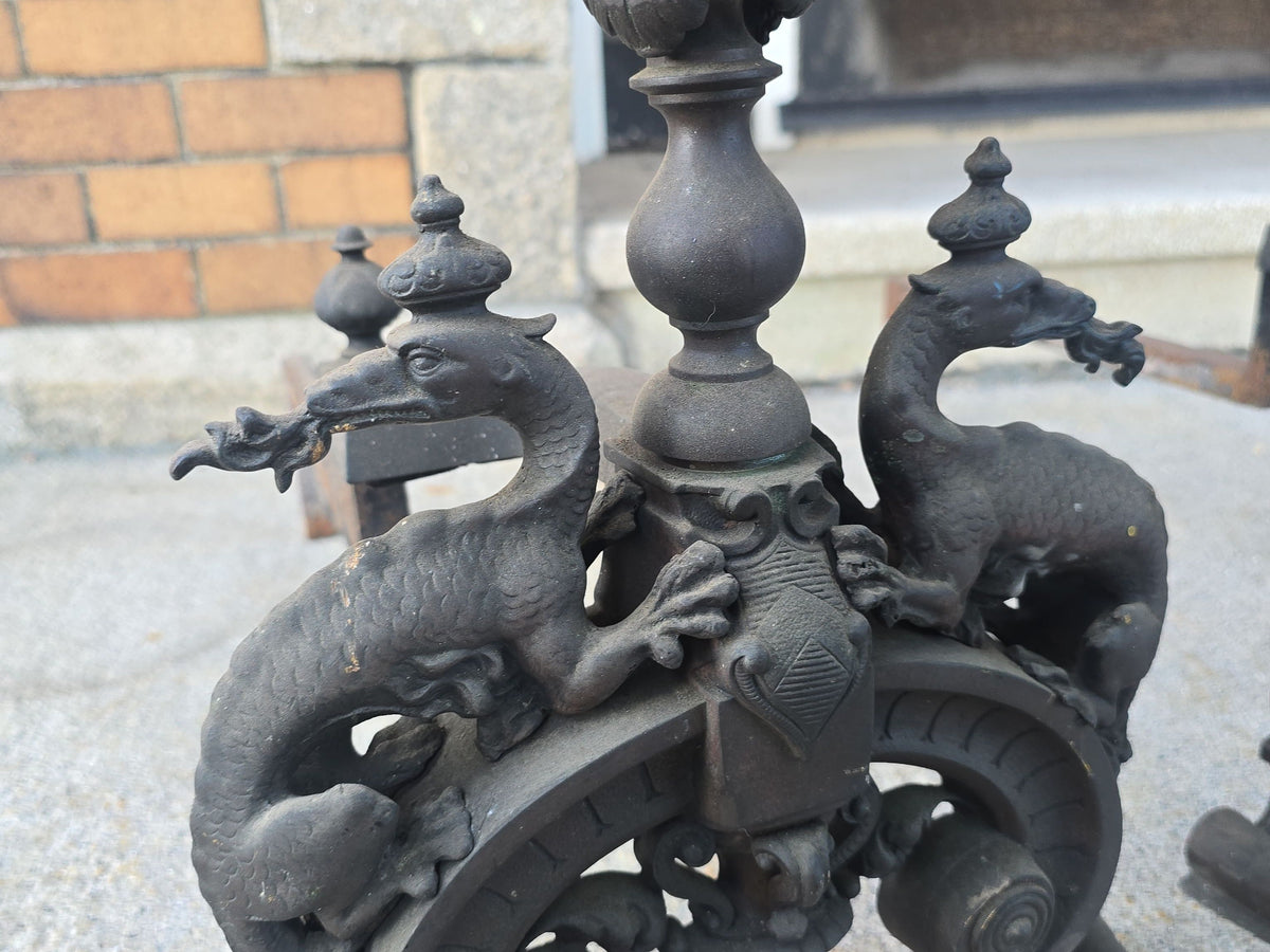 Pair of Antique Renaissance Revival Fireplace Andirons with Dragon Figures and Flame Finials