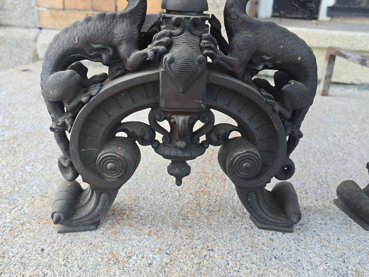 Pair of Antique Renaissance Revival Fireplace Andirons with Dragon Figures and Flame Finials