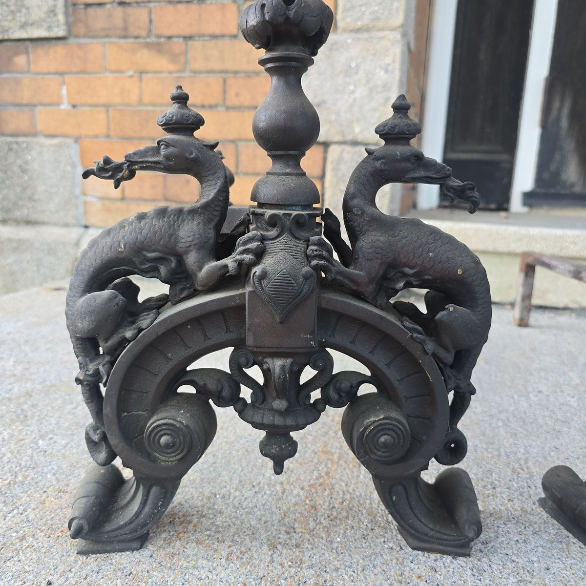 Pair of Antique Renaissance Revival Fireplace Andirons with Dragon Figures and Flame Finials