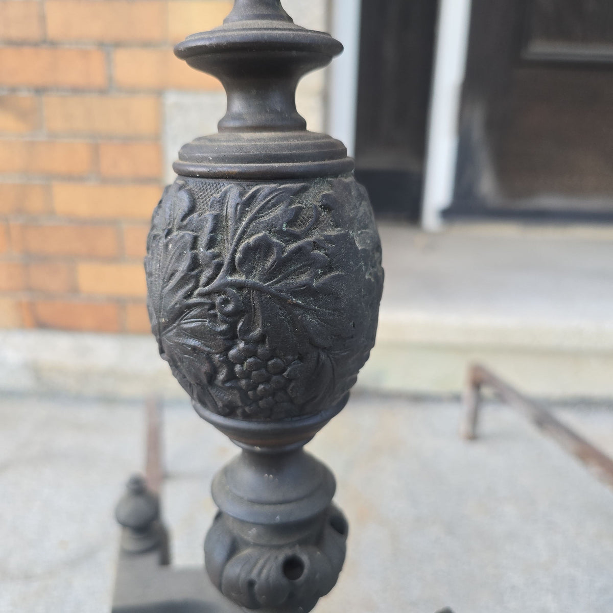 Pair of Antique Renaissance Revival Fireplace Andirons with Dragon Figures and Flame Finials