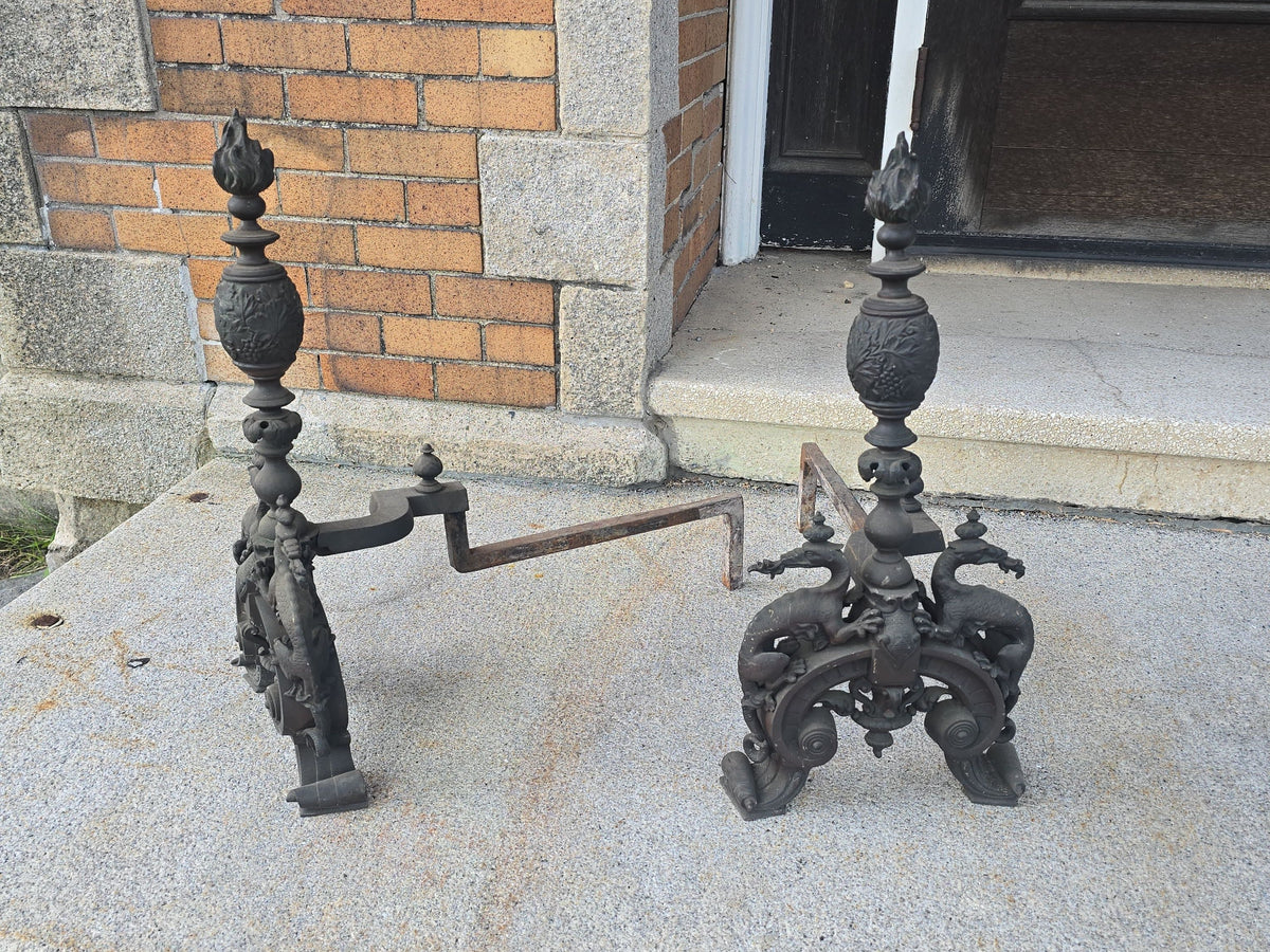 Pair of Antique Renaissance Revival Fireplace Andirons with Dragon Figures and Flame Finials