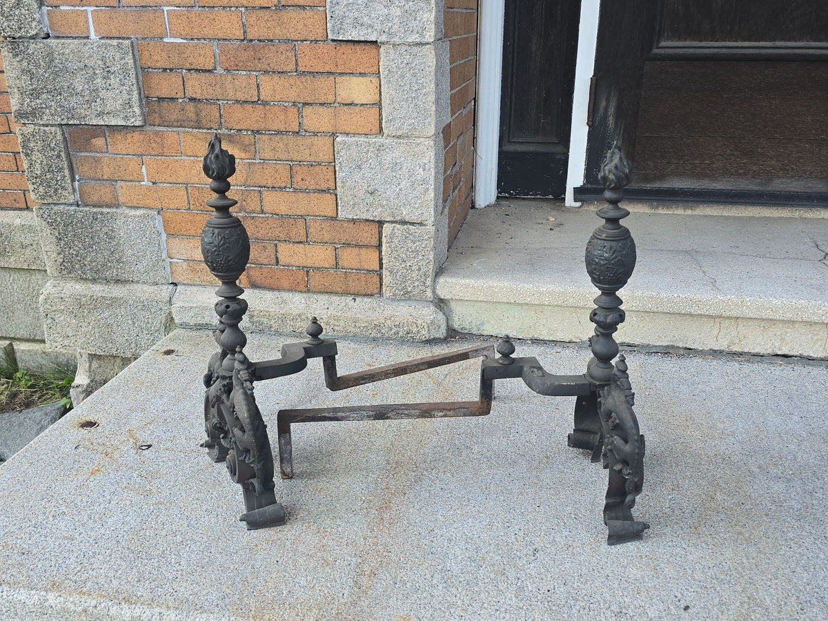 Pair of Antique Renaissance Revival Fireplace Andirons with Dragon Figures and Flame Finials