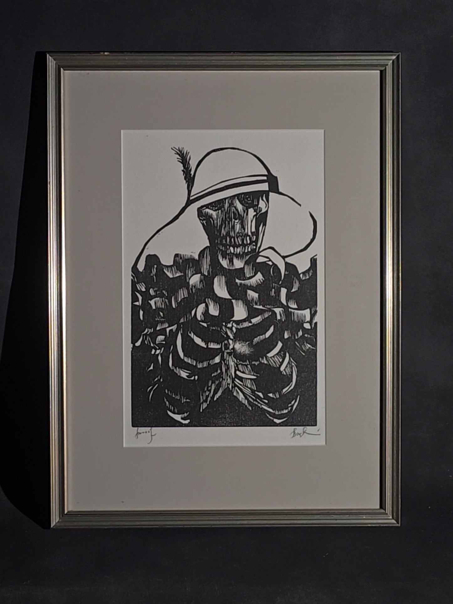 Vintage Framed Woodcut Print, "Death the Society Lady" Artist's Proof by Leonard Baskin