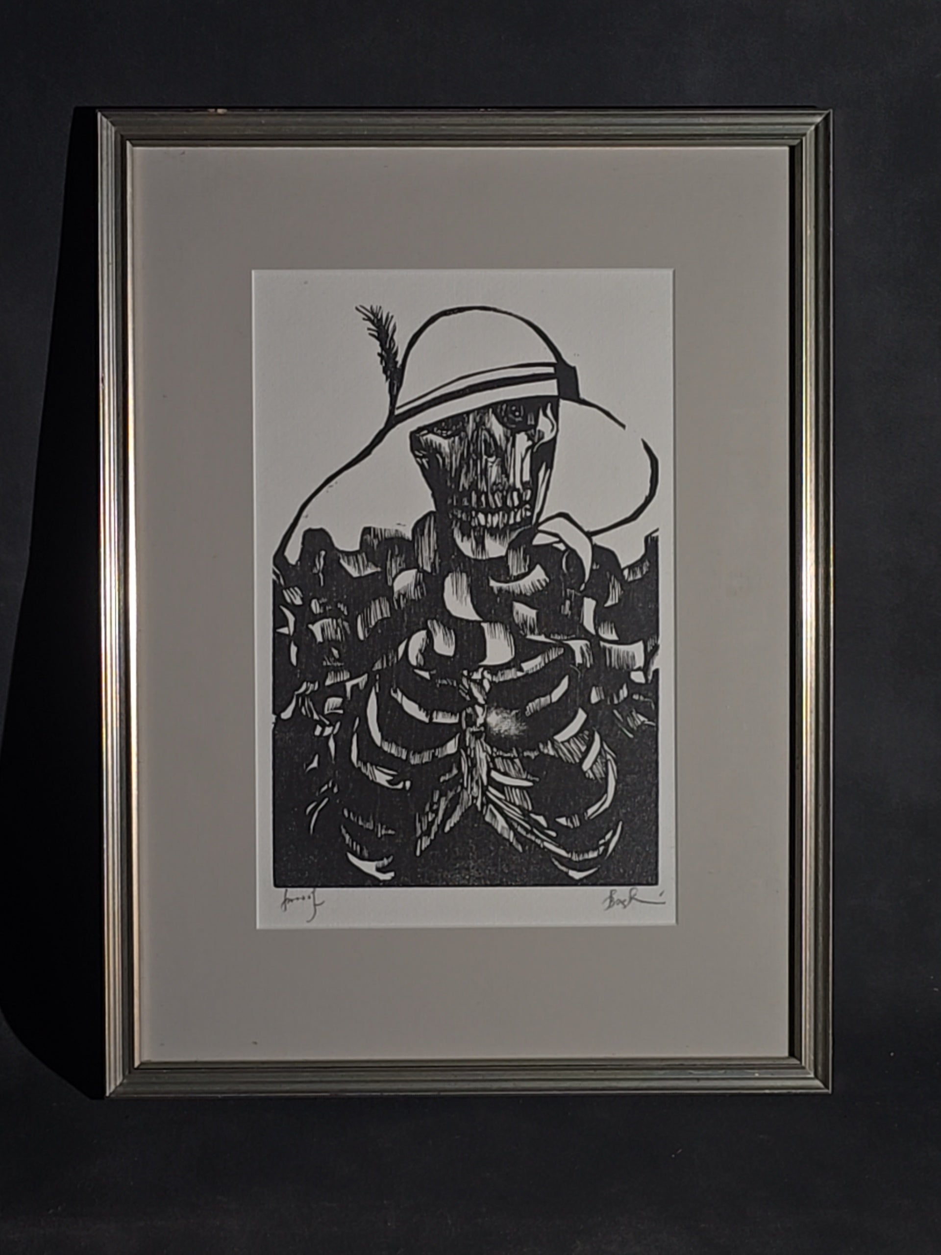 Vintage Framed Woodcut Print, "Death the Society Lady" Artist's Proof by Leonard Baskin