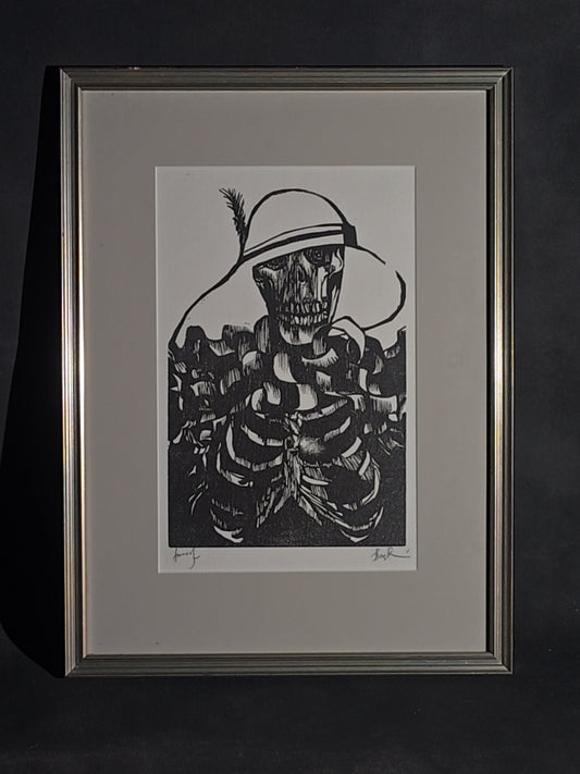 Vintage Framed Woodcut Print, "Death the Society Lady" Artist's Proof by Leonard Baskin